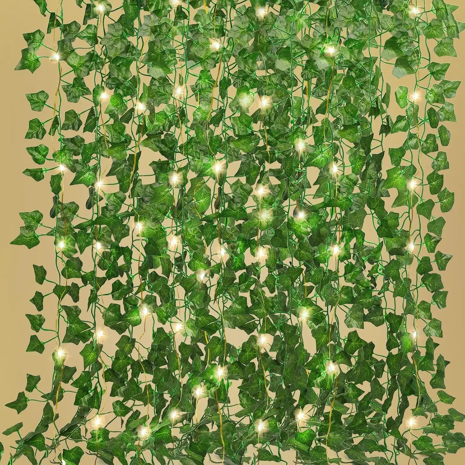 12-Pack Silk Decorative Ivy Vines - 86 FT Flexible Cut Artificial Leaf Plants with 100 LED String Lights for Ambient Glow, Natural Look Hanging Greenery Garlands for Home Wedding Bedroom Decoration, Silk & Plastic