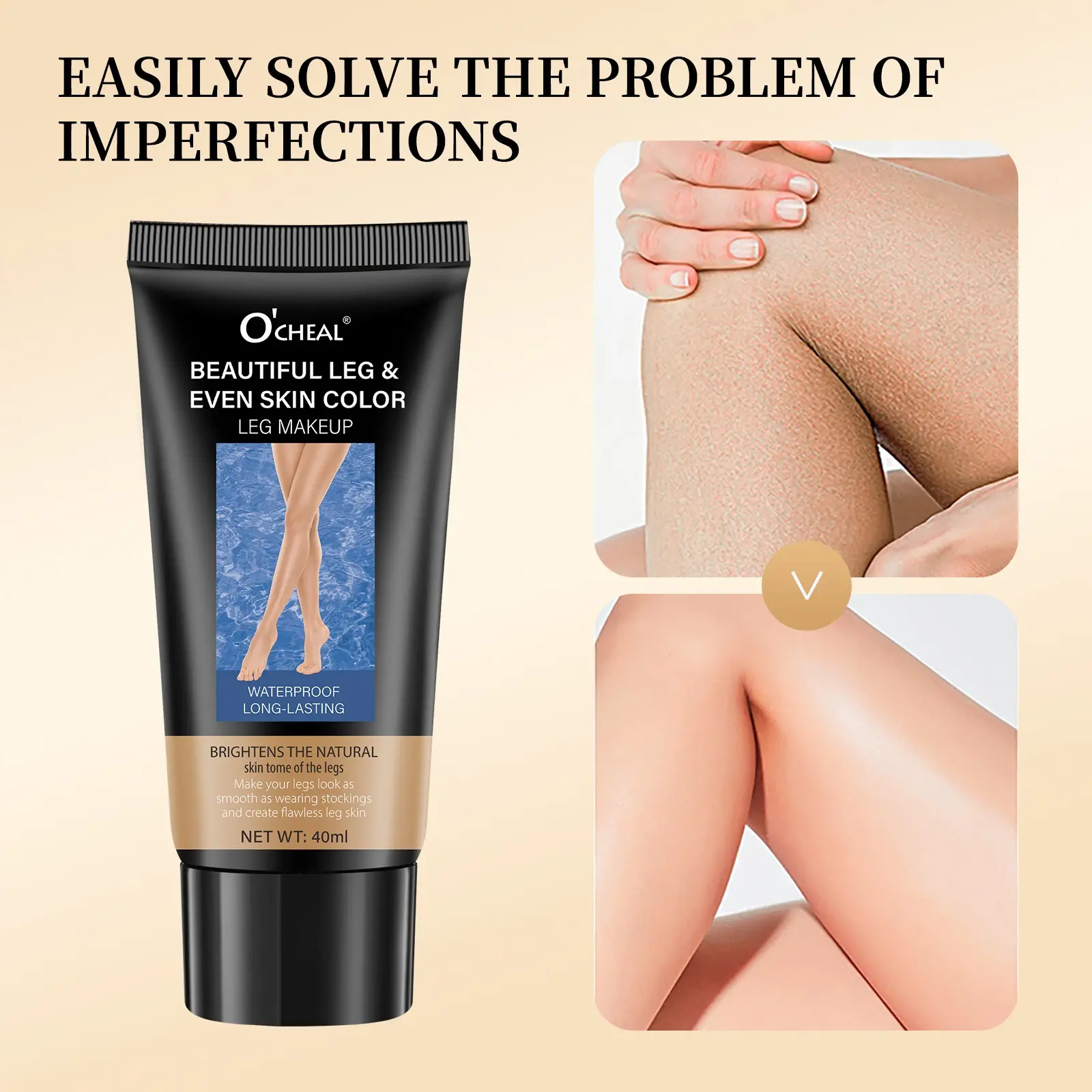 Waterproof Long-Lasting Leg Concealer Cream 40ML, Lightweight Easy Spread Non-Greasy, Covers Veins Imperfections, Natural Even Tone Full Body Makeup