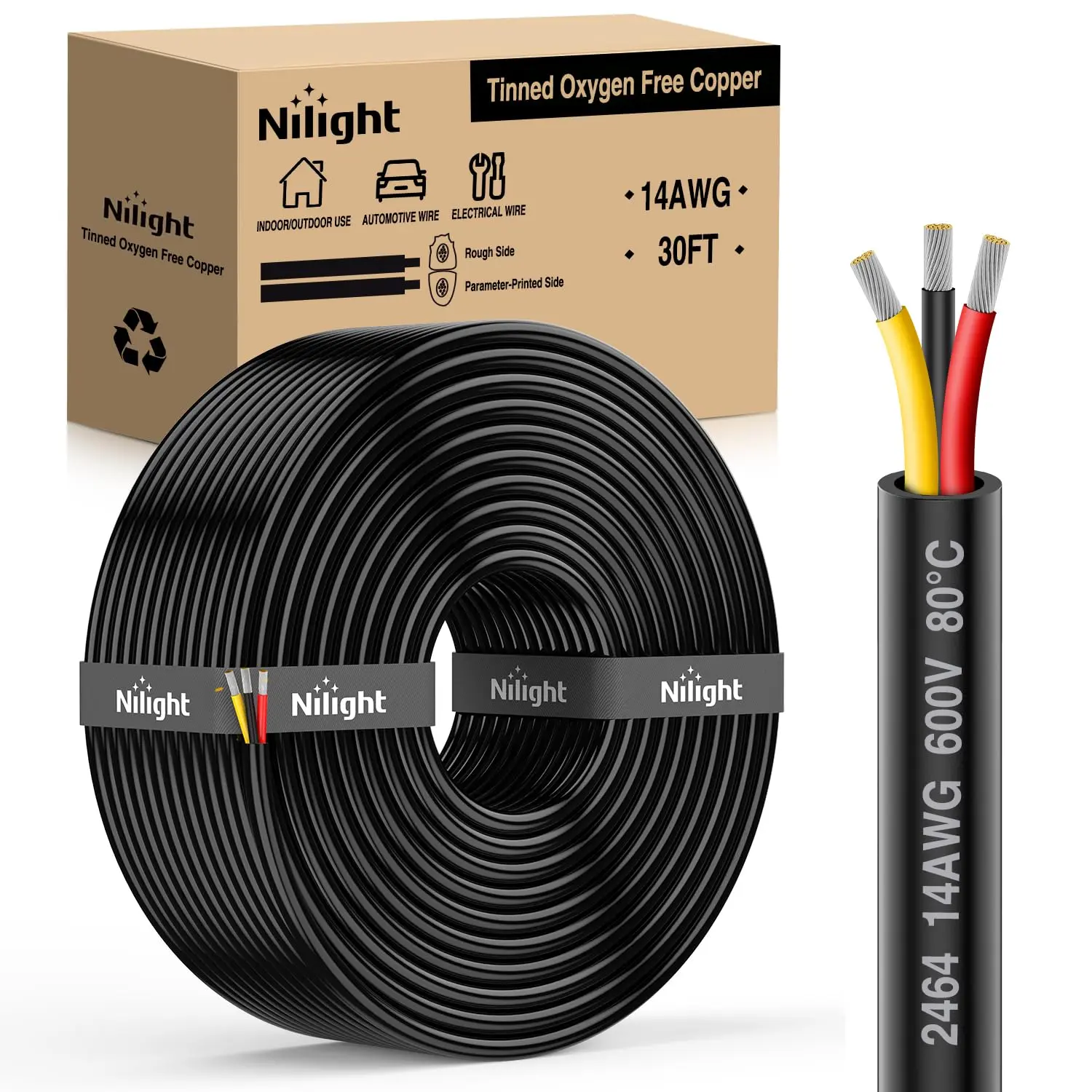 Nilight 30FT 14AWG 3-Conductor Electrical Wire, Tinned Oxygen-Free Copper Red-Black-Yellow Parallel Wires, Flexible PVC-Cased 600V DC Extension Cord with Cable Tie, Solder-Friendly, Water-Resistant, Better Conductivity for LED Strips, Lamps, Lighting