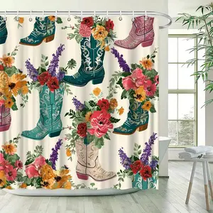Western Cowboy Boot Shower Curtain — Turquoise Floral Boot Pattern — Rustic, Ranch, and Halloween Bathroom Decor — Polyester Fabric, Includes 12/24 Hooks — Western-Themed Bathroom Window & Home Decor