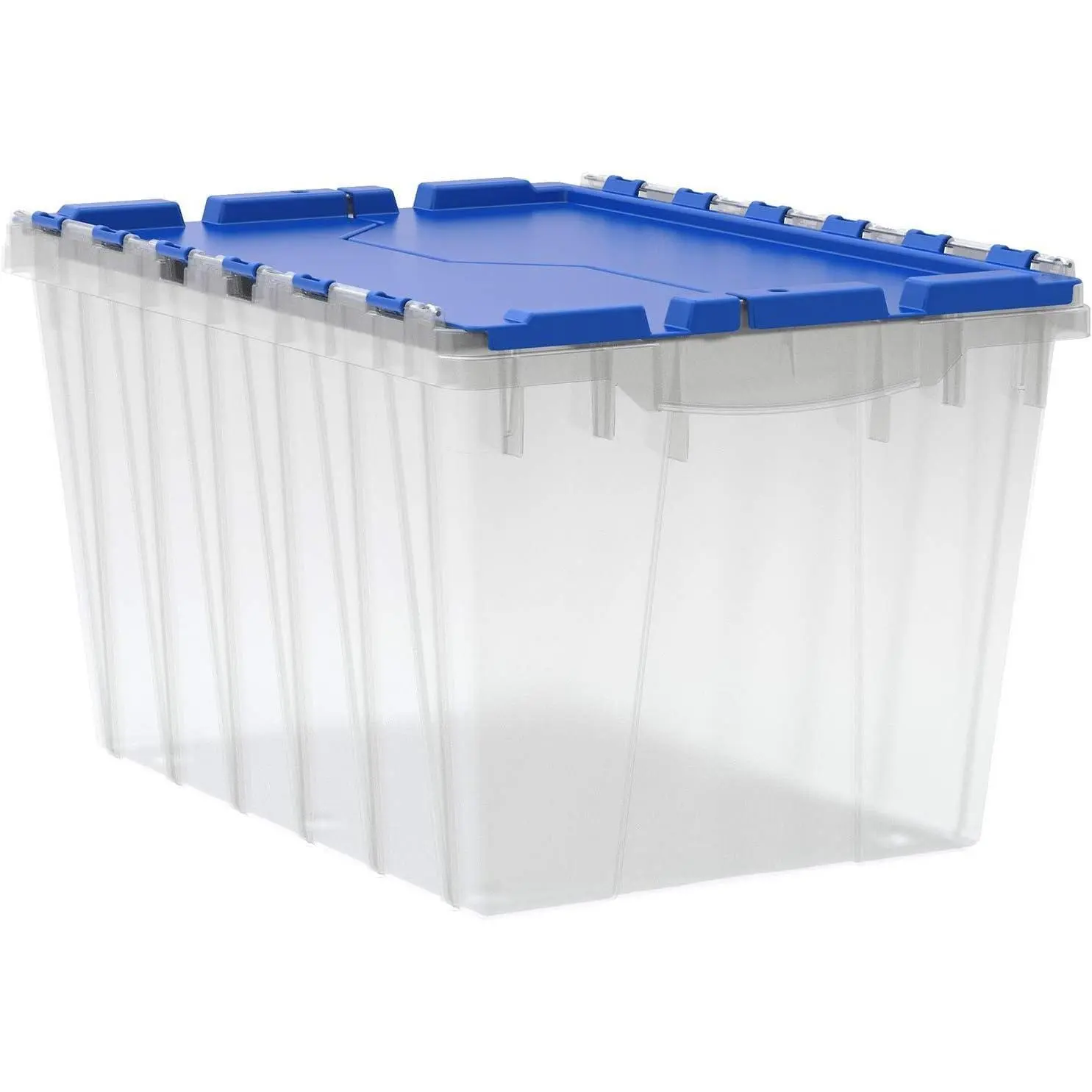 KeepBox 12 Gallon Storage Container, Nesting and Stackable Plastic Storage Box with Lid Attached, Clear Tote for Garages, Closets, and Moving, 21-1/2" x 15" x 12-1/2", Clear/Blue