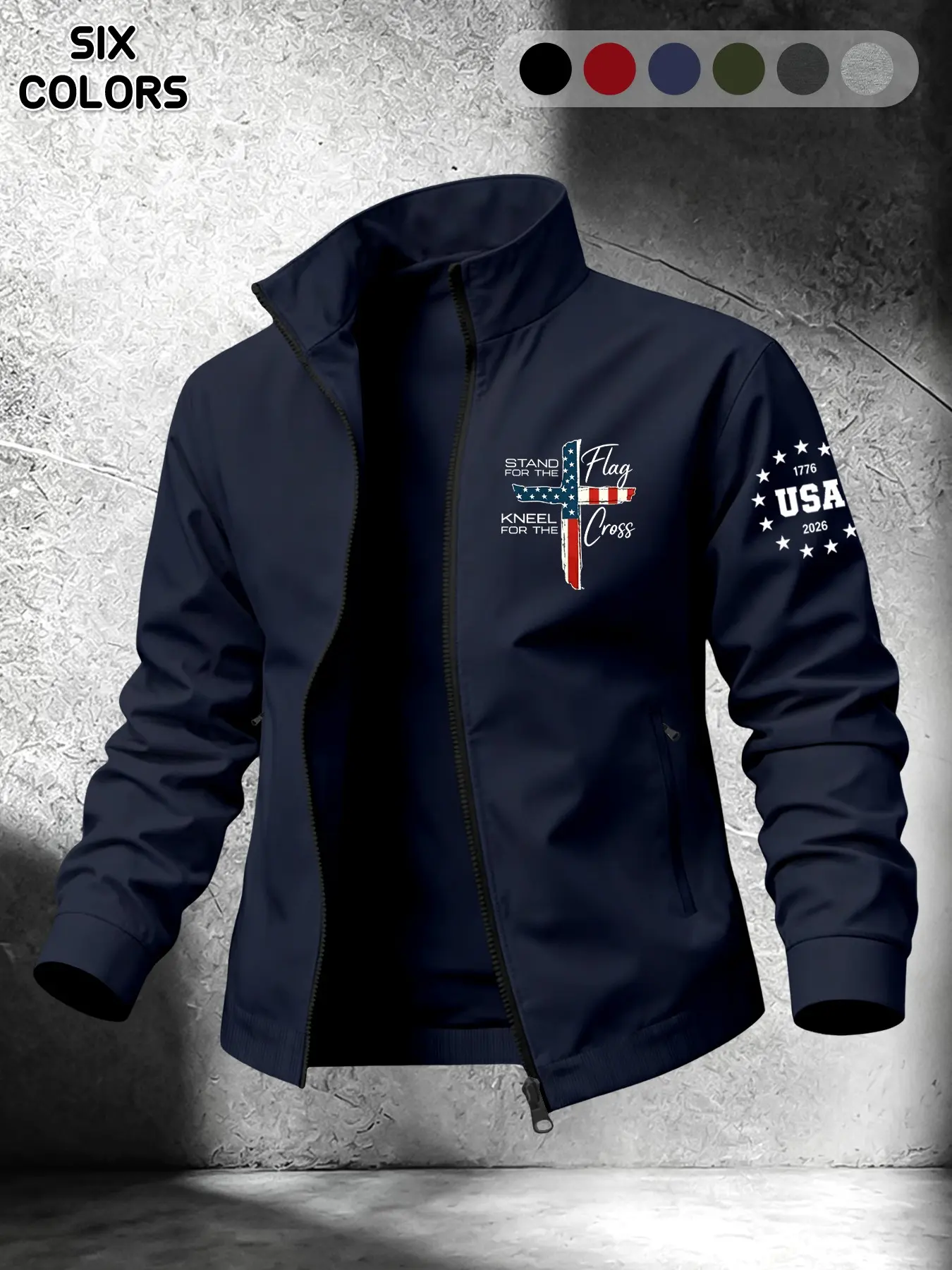 Men's Spring Summer Lightweight Stand Collar Long Sleeve Casual Jacket, American Flag Cross Faith Print, Dual Zipper Pockets, Daily Commute Outdoor Wear