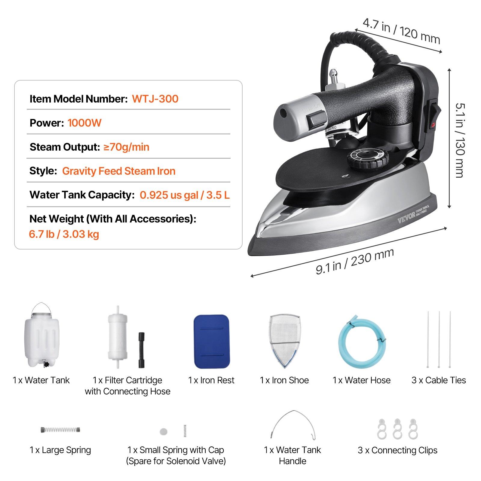 VEVOR Gravity Feed Steam Iron, 1000W Gravity Feed Iron with 3.5 L Large Capacity Tank, Demineralizer Cartridges, Non-Stick Ironing Shoe, 5 Temperature Settings, Industrial Electric Steam for Ironing VEVOR Gravity Feed Steam Iron, 1000W Gravity Feed Iron with 3.5 L Large Capacity Tank, Demineralizer Cartridges, Non-Stick Ironing Shoe, 5 Temperature Settings, Industrial Electric Steam for Ironing