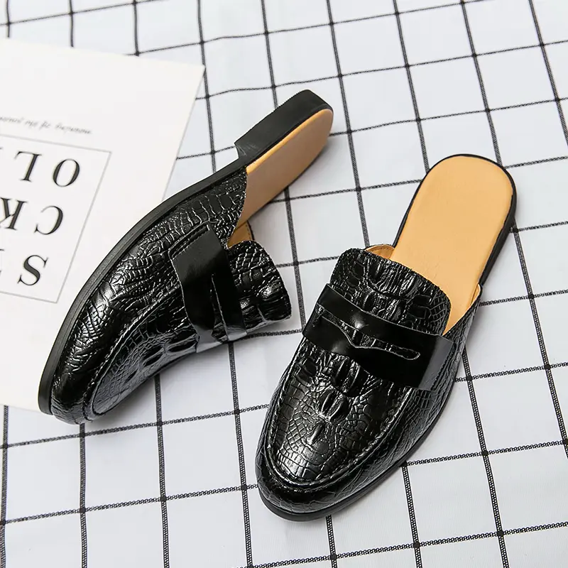 Men's Summer Retro Crocodile Pattern Loafer Mules, Hand-Stitched Comfortable Wide-Fit Slip-On Slippers, Non-Slip Rubber Sole Big Size Business Casual Footwear