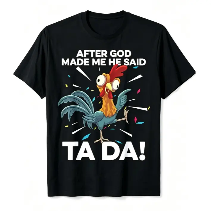 Women's 100% Pure Cotton Round Neck Shortsleeve T-Shirt - Unisex "After God Made Me He Said Tada" Cute Cartoon Rooster Graphic Garment, Whimsical Funny Casual Fabric Top for Summer, Soft Breathable Relaxed Fit Everyday Outfits (Menswear Compatible)