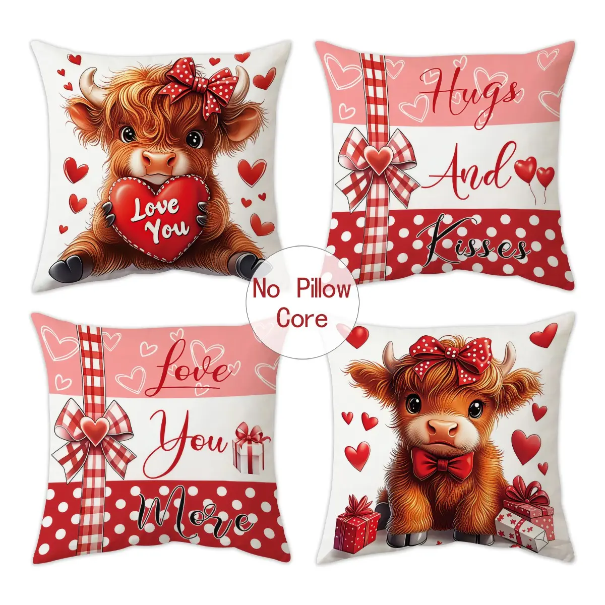4pcs Valentine's Day Pillow Cover, Cute Highland Cow, Heart shaped Love Single sided Printed Decorative Sofa Cushion Cover, Valentine's Day, Wedding Anniversary, Wedding Room Living Room Sofa Decorative Pillow Cover (without Pillow Core)