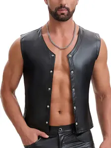 Men's Sleeveless Slim Fit Vest, V-Neck Single Button Punk Top, Motorcycle Style, European and American Fashion, Blouse/ Shirt
