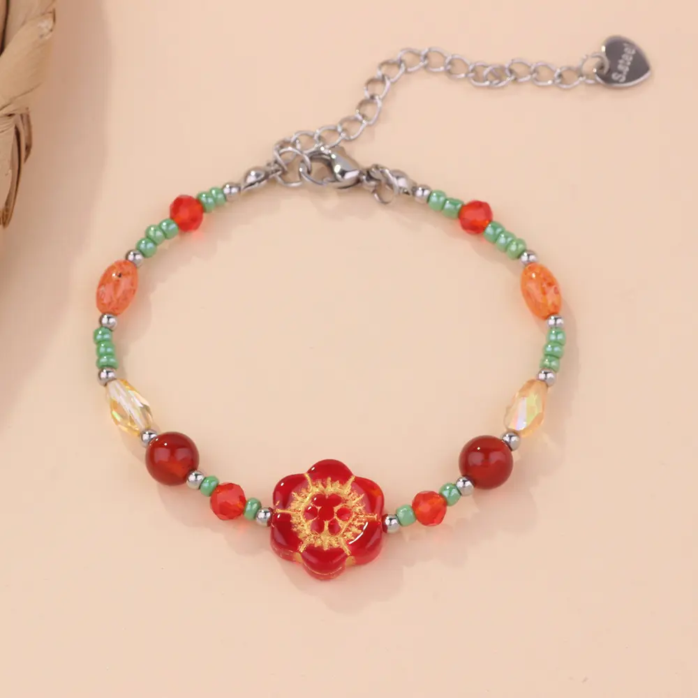 Handmade Dopamine-Style Retro Beaded Charm Bracelet, Featuring Czech Glass, Crystal Chips, Fresh Floral Accents - Unique Fashion Accessory for Spring, Summer