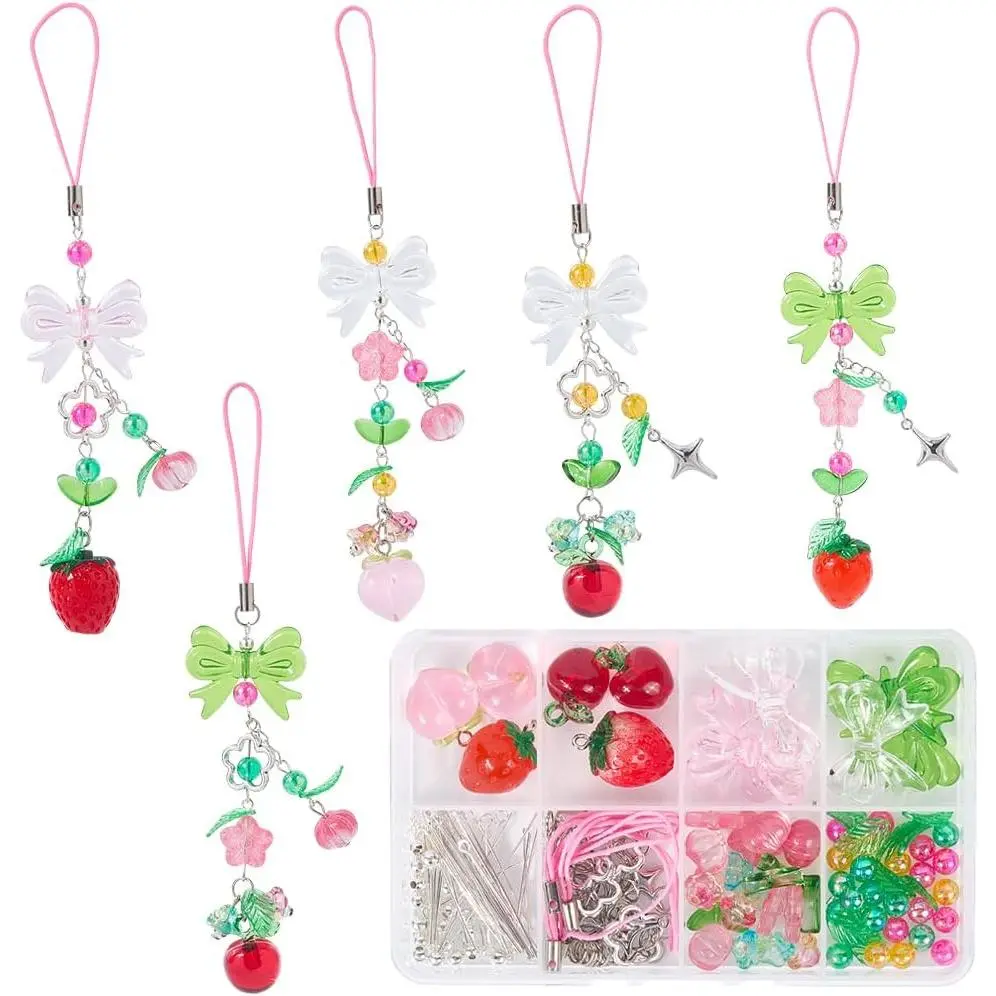 1 Box 189 count DIY 6 Sets DIY Phone Charm Making Kit  Strawberry Charms Cute Kawaii  Peaches Leaf Spring Flower Pendants Cellphone Strap for Women Adults Lanyard Keychains Hand Bag