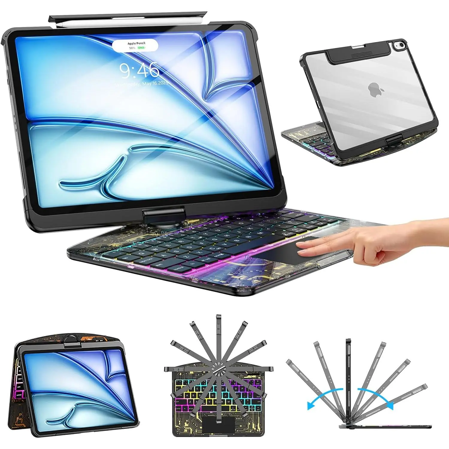 Clear  Keyboard Case for iPad Air 11 inch (M3/M2, 2025/2024)/ iPad Pro 11 inch (4th/3rd/2nd/1st Gen)/ iPad Air 10.9 inch 5/4th Gen, 360 Rotatable, Trackpad, 7-Color Backlit, Black