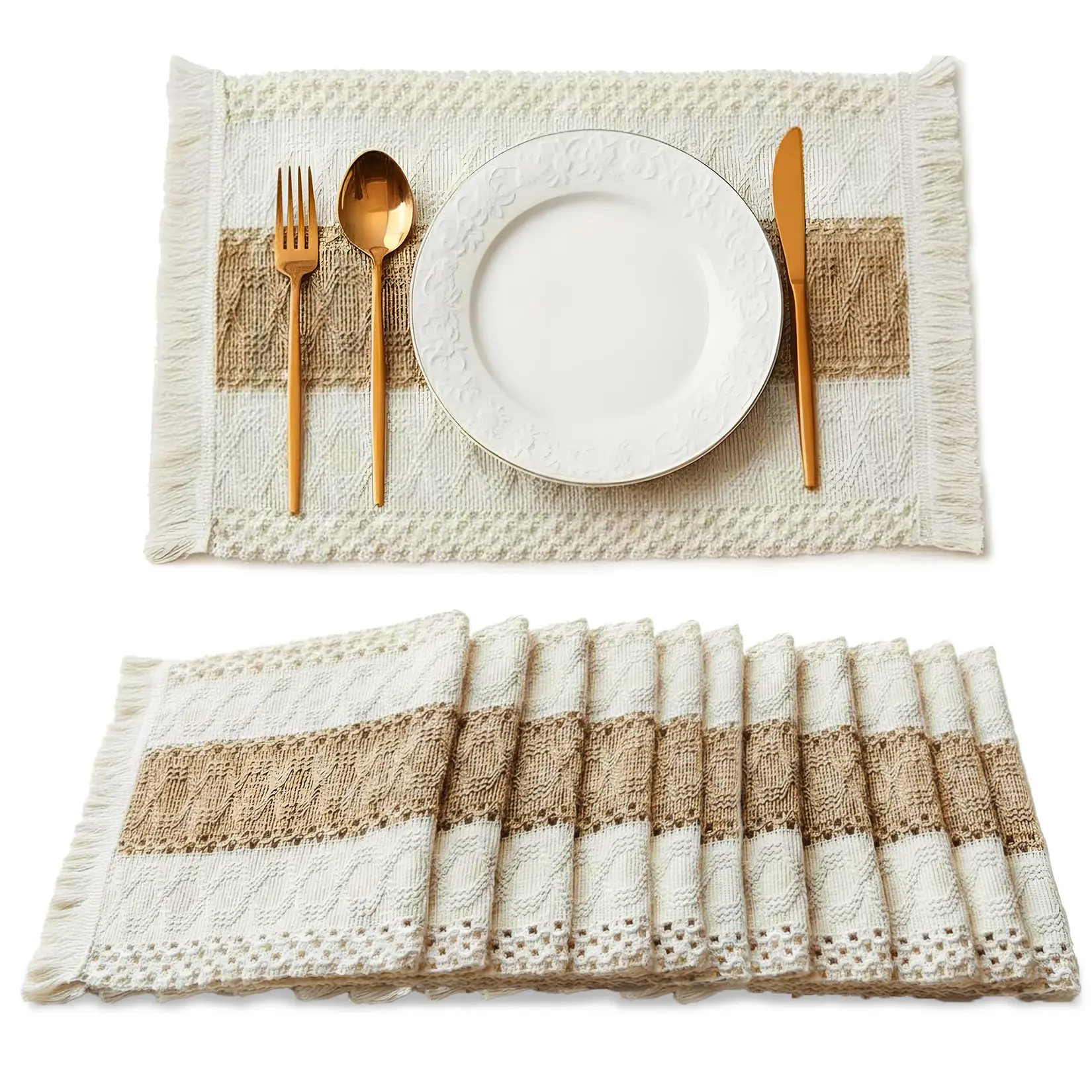 12-Pack Bohemian Linen-Cotton Crochet Tassel Placemats (12x20 in), Macrame Table Mats Set for Farmhouse Home Decor Items, Beige White Dining Room Accents