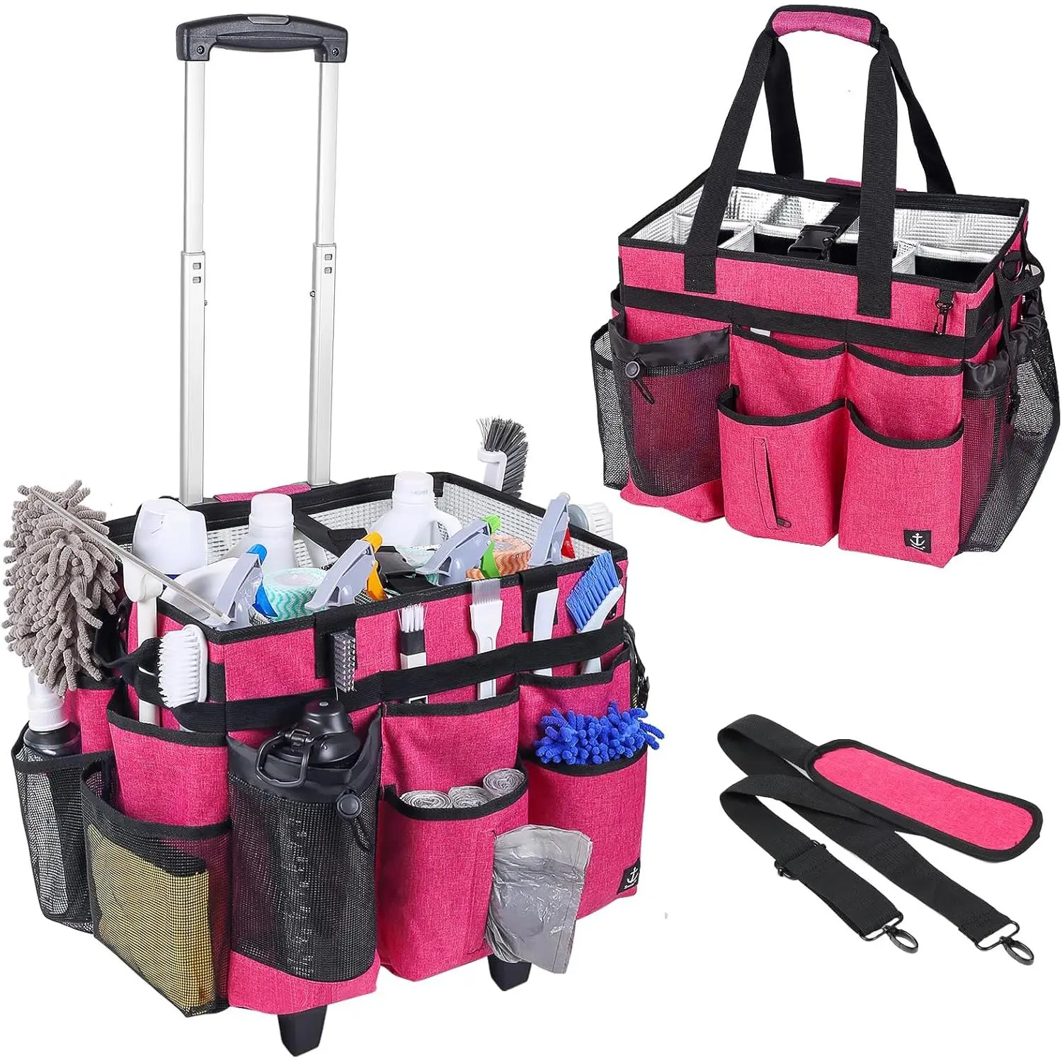 Extra Large Fabric Body Rolling Cleaning Caddy Bag - Built-in Hard Support Board, Detachable Trolley, Adjustable Shoulder Strap, Multiple Pockets, Large Capacity Backpack for House Cleaning Supplies (Practical Baby & Maternity Housekeeping Solution)