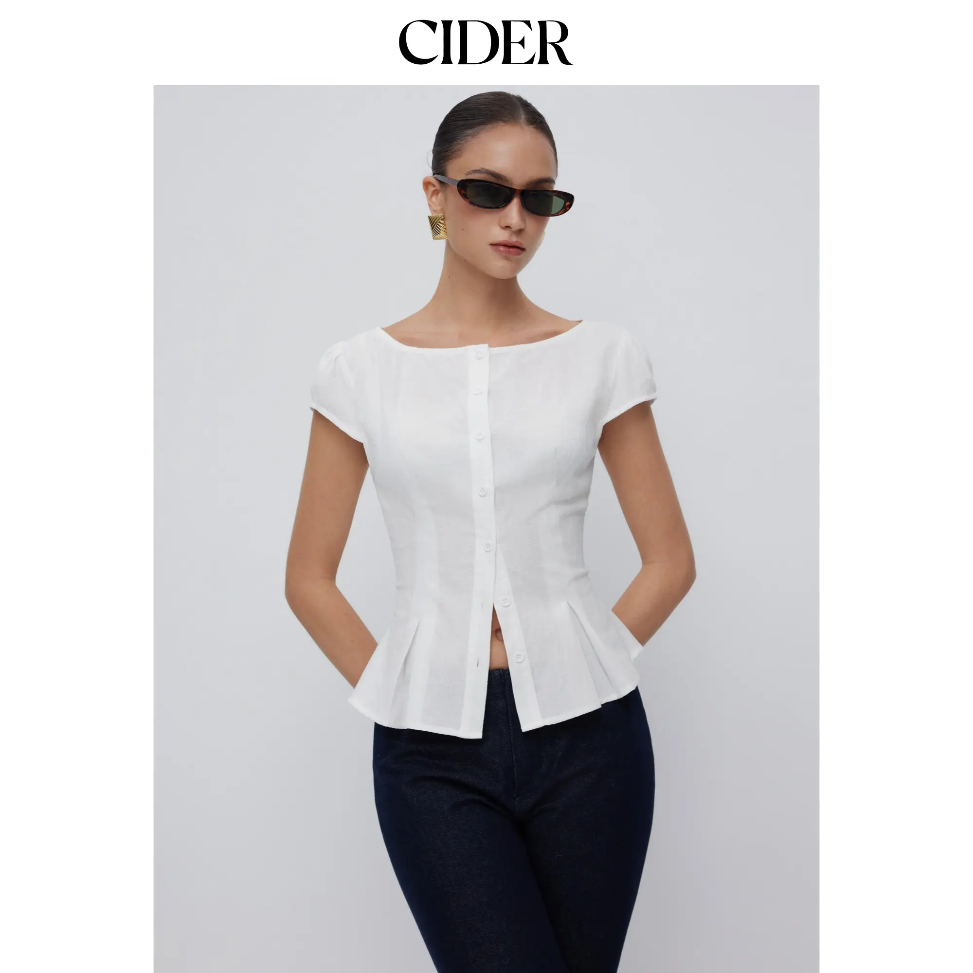 Cider Cotton-blend Textured Boat Neck Puff Sleeve Button Through Peplum Blouse