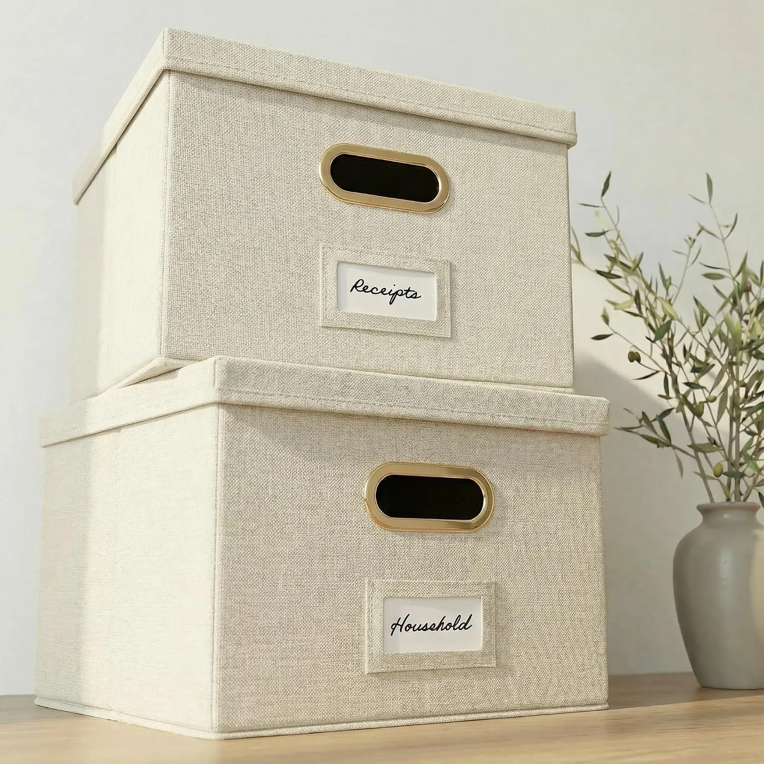 Decorative File Organizer Box Set of 2 - Collapsible Linen Filing Cabinets with Handles Are Perfect to Store All Your Documents & Hanging File Folders - Portable Easy Slide Office Crates with Lid