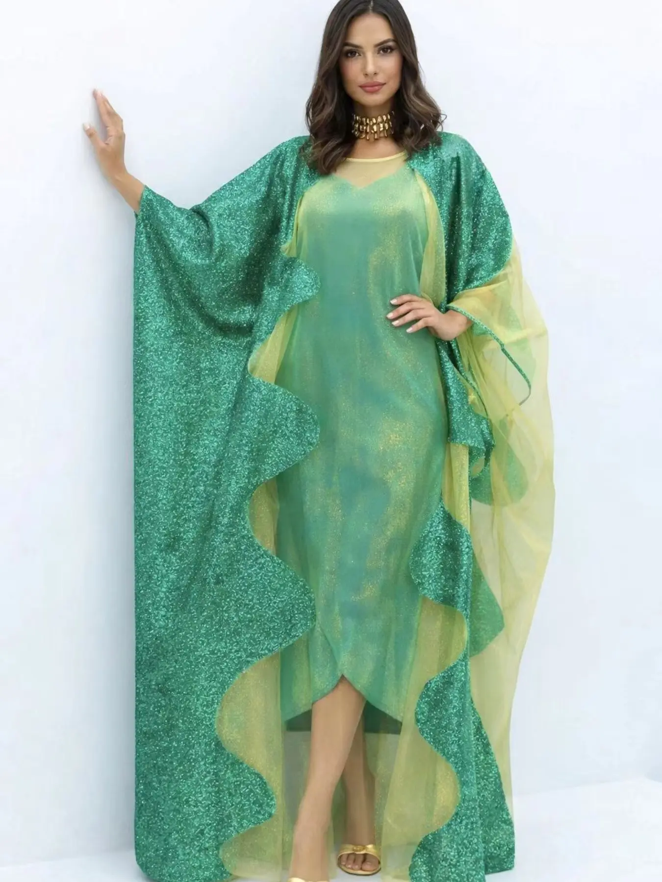 2-Piece Middle Eastern Brocade Dress Set, Belted Lining, African Dashiki Nigeria Bride Wedding Formal Mesh Maxi Robe, Elegant Short Sleeve Design