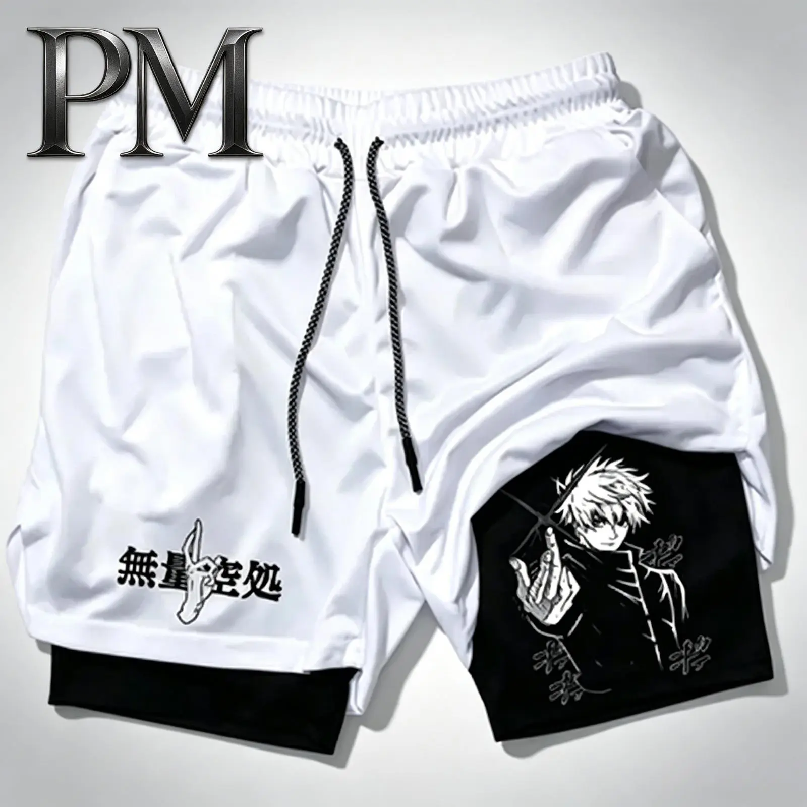 Men’s Dry Fit 2-In-1 Bilayer Quick Dry Compression Anime Jujutsu Kaisen Gojo Satoru Running Shorts, Gym Athletic Sports Bottoms, Female Clothes Products for Summer Workout Training, White Black