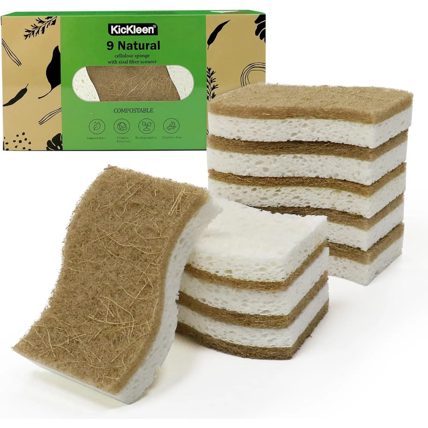 9 Pack Biodegradable Natural Kitchen Sponge Dish Sponges |   Compostable Cellulose and Coconut Walnut Scrubber Sponge - Eco Friendly Sustainable Sponges for Dishes
