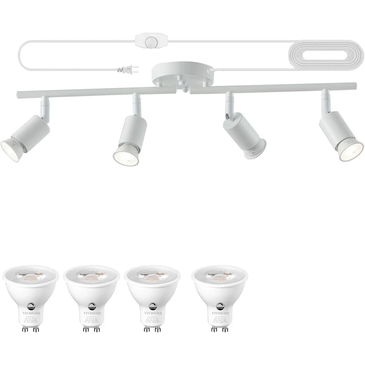 Dimmable 4-Light White Plug-In Track Ceiling Fixture, 16.4' Long Cord, 4-Way Rotatable Wall-Mount Spotlight, Included Dimmable LED Spot Bulbs