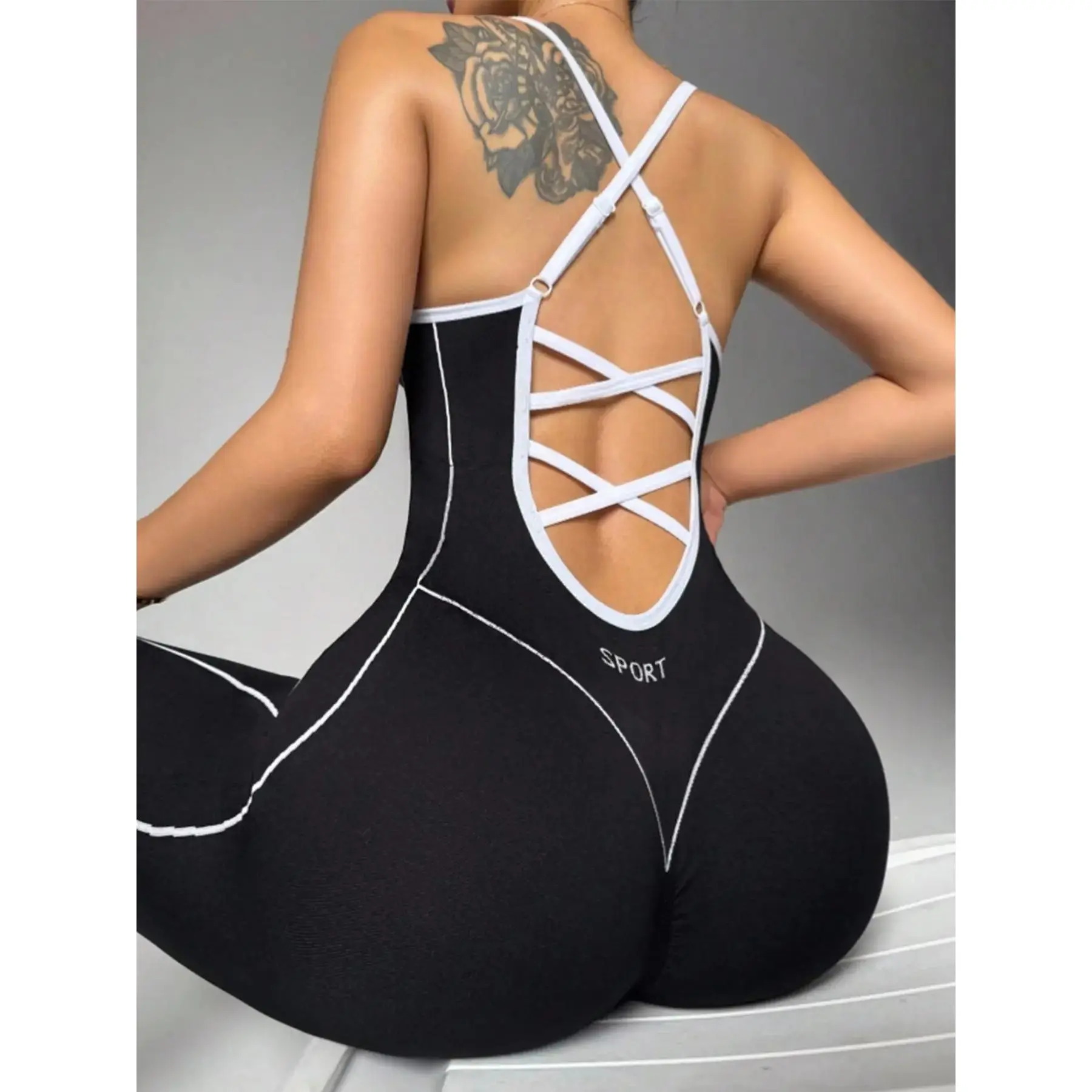Women's Seamless High Stretch Knit Halter Jumpsuit Tight Fit Nine-Quarter Pants, Back Cross Shoulder Straps, Outdoor Cycling Gym Yoga Daily Wear, Yoga Jumpsuits, Workout Jumpsuit, Sporty Jumpsuit, Workout Fitness Jumpsuit