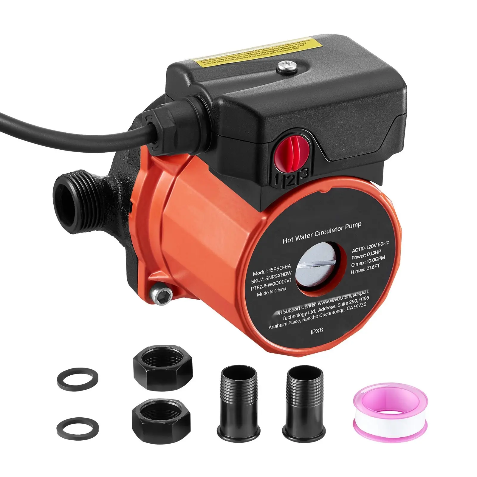 Residential Water Heater Hot Water Recirculating Pump for Residential Users, 10 GPM, 0.13 HP, 110-120V, 3-Speed Control, Cast Iron Head, 3/4-in to 1/2-in NPT Adapters, Easy Installation, Quiet Operation