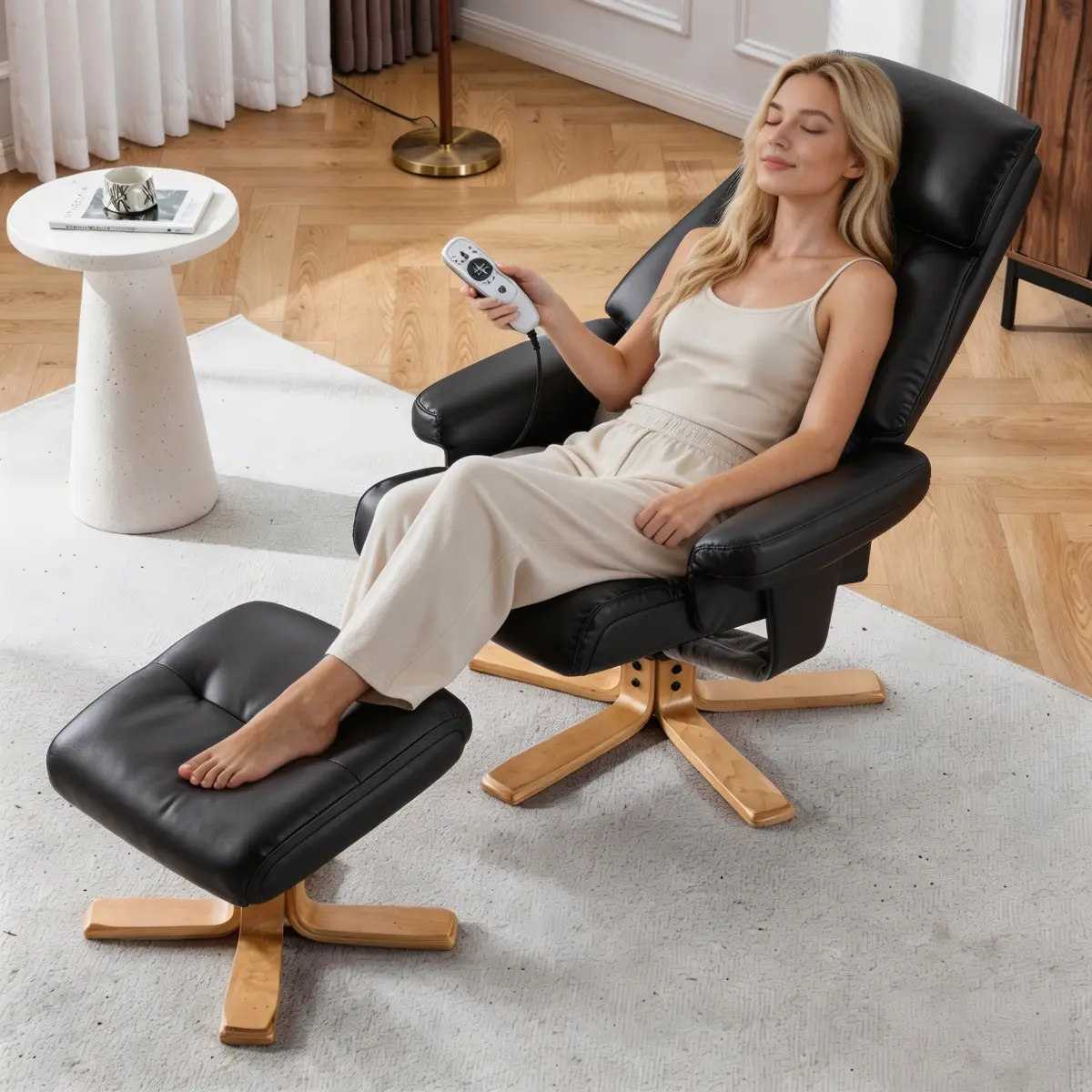 Massage Recliner with Ottoman,Heated Massage Swivel Recliner with Ottoman, Reclining Chair with Footrest, Modern Upholstered Swivel Accent Chair with Ottoman for Reading Living Room Bedroom Home Office,Black PU
