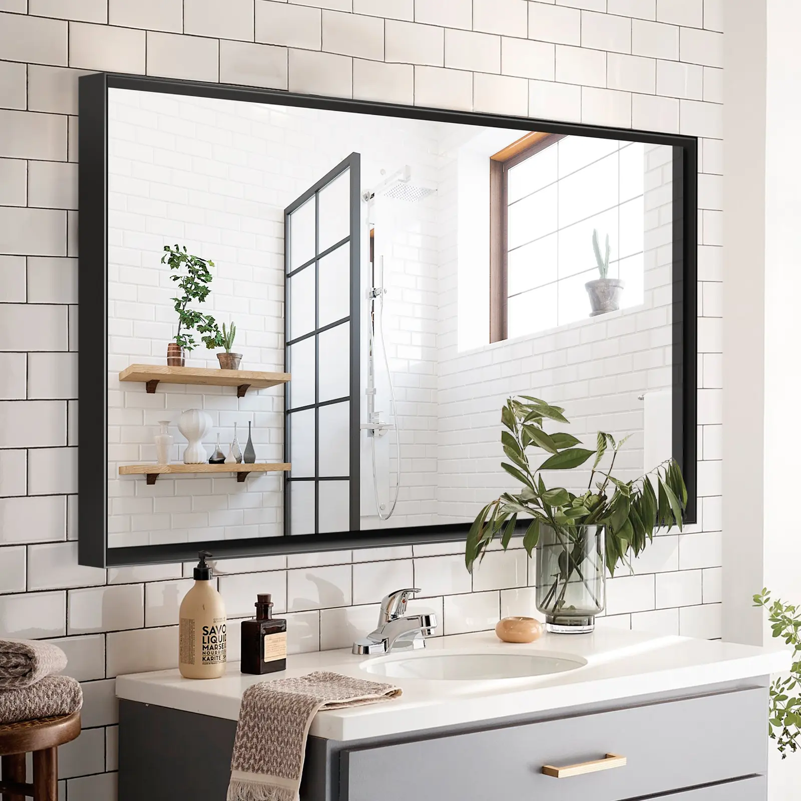 Nokaa 48x30 Inch Glossy Black Bathroom Mirror Wall Mounted Rectangular Metal Framed Vanity Mirror Modern Farmhouse Decorative Hanging Mirror for Bathroom Living Room Bedroom Entryway Horizontal or Vertical Installation