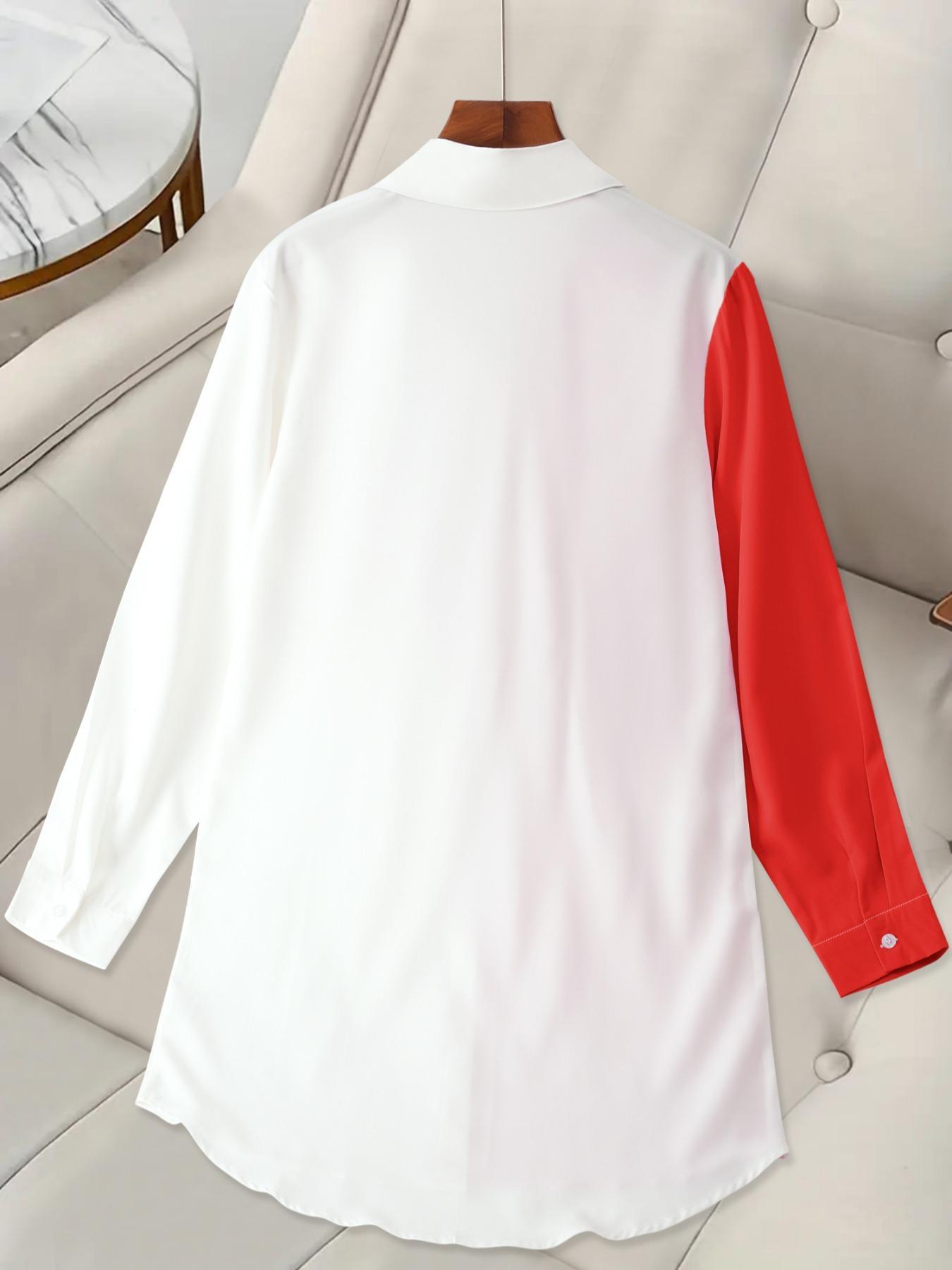 Women's Colorblock Pocket Button Front Curved Hem Shirt, Casual Button Down Long Sleeve Top for Summer, Ladies Clothes for Daily Wear