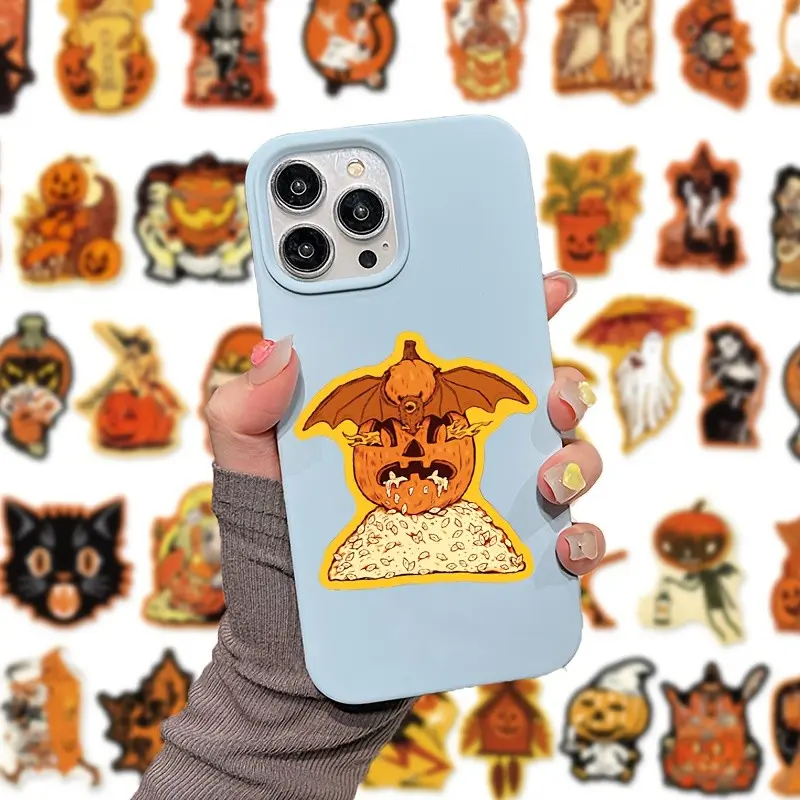 50pcs Vintage Halloween Pumpkin Graffiti Stickers, Waterproof Decals for Luggage Laptop Skateboard Phone Case, Halloween Decor Gift
