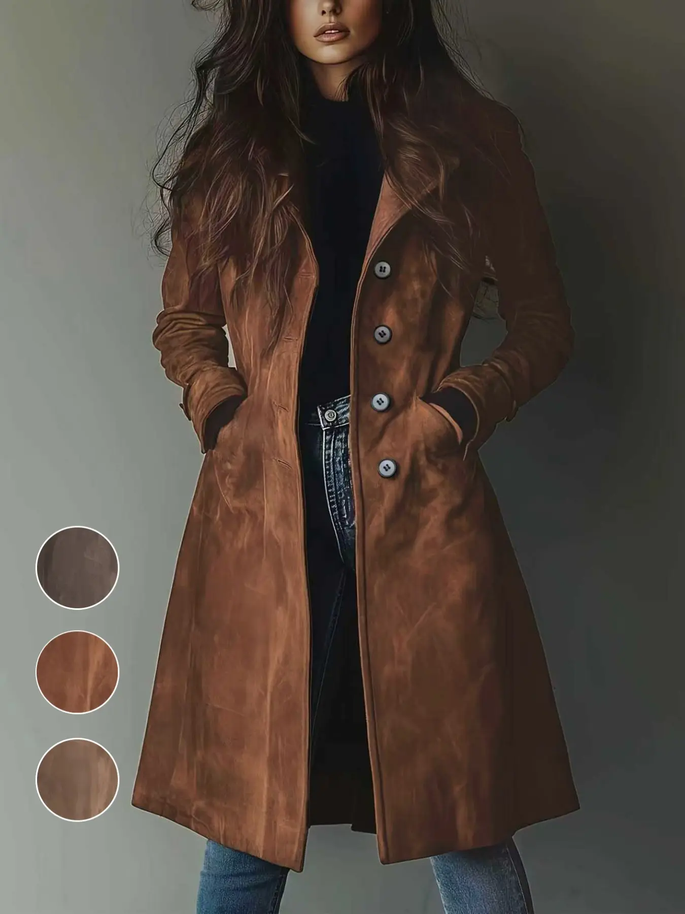 Vintage Faux Suede Mid-Length Slim Fit Coat for Women, Notched Lapel Single Button Outerwear, Fall Winter Casual Office Style Long Sleeve Jacket, Fashion Outerwear