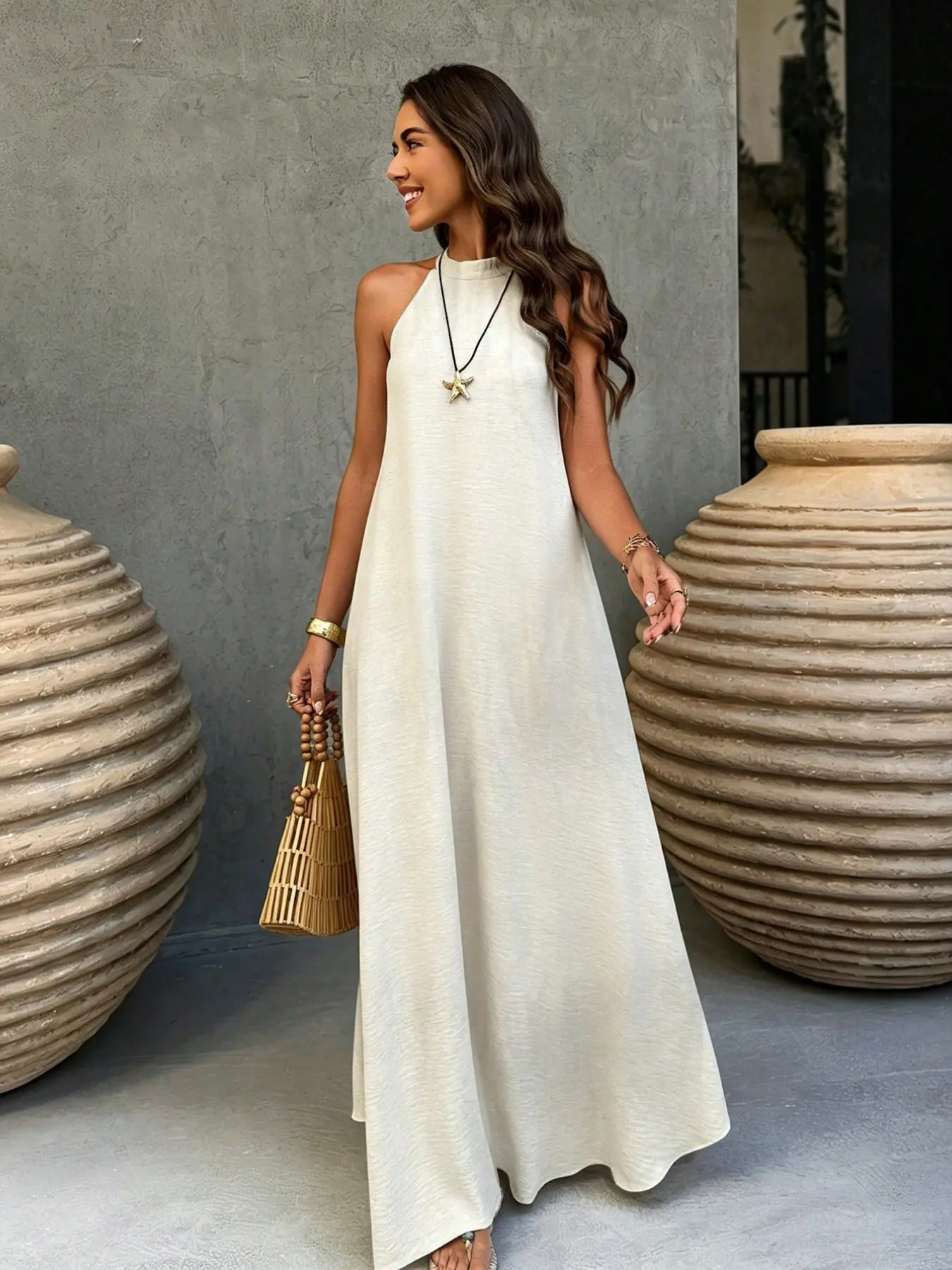 Elegant Simple Minimalist Style Women's Summer Solid Linen Halter Tie Sleeveless Long Dress, Chic and Comfortable, Perfect for Warm Weather