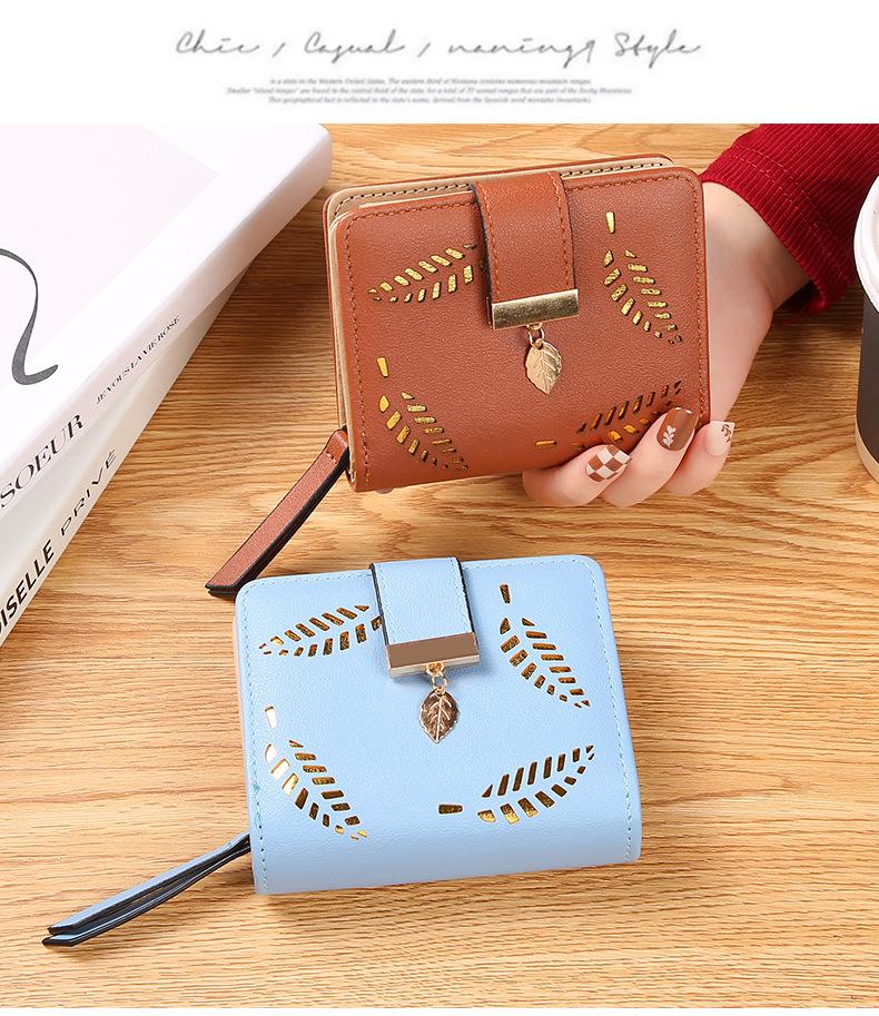 Leaf Short Wallet for Women Korean Style Hollowed Out Fashion Trend Change Zipper Card Bag PUCortical Embossed Leather Daily Matching