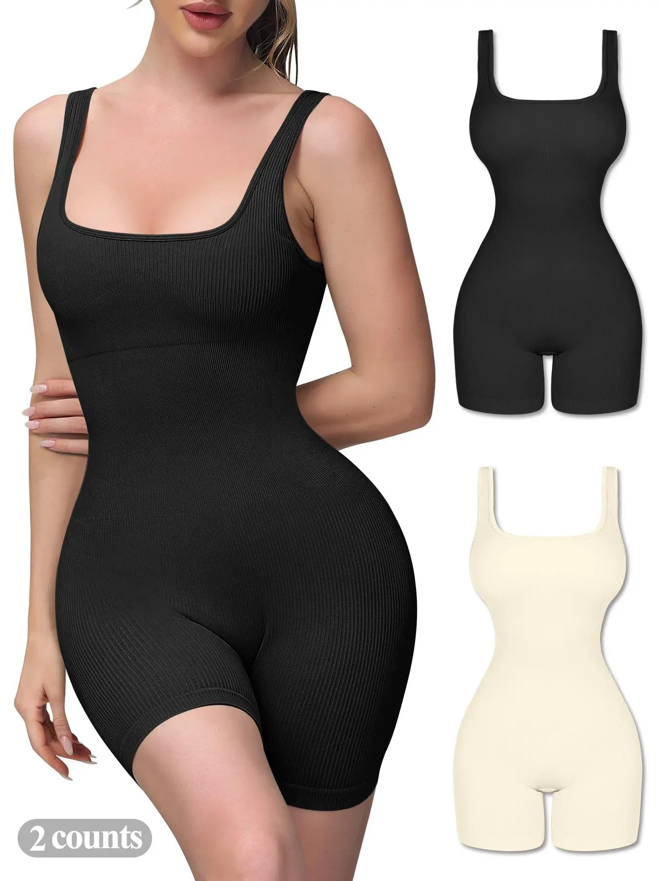 Women's Solid Color Square Neck Shapewear Bodysuit, High Stretch Seamless Tummy Control Sleeveless Shaper Romper, Ladies Shapewear for All Seasons Fitted Bodysuits