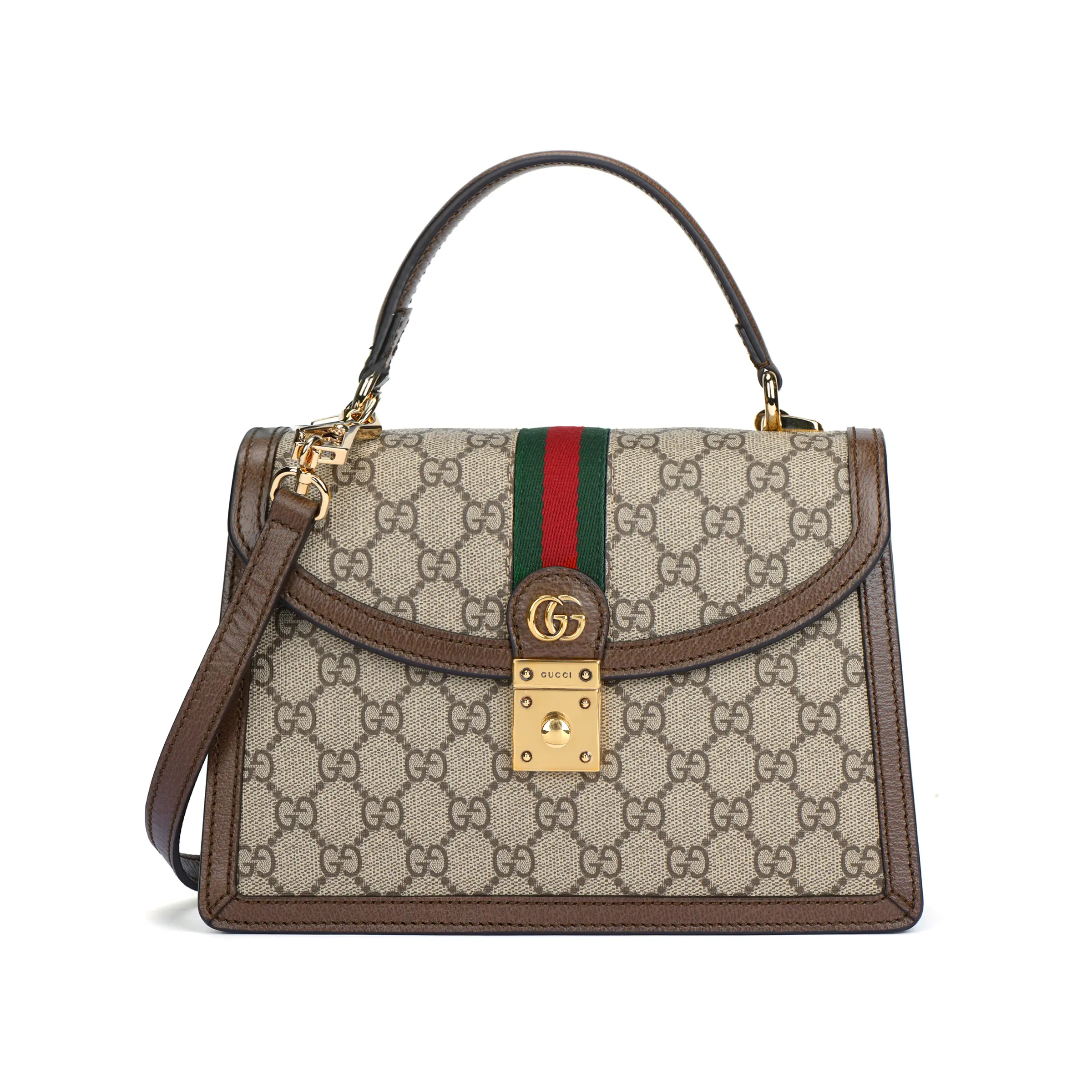 Gucci Ophidia Small Crossbody Handbag for Women – Shiny Gold Hardware, Canvas and Leather, Ebony and Brown