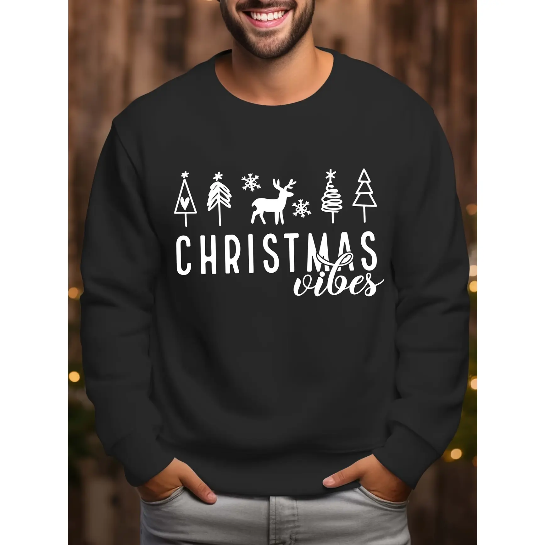 Christmas Vibes Tree Reindeer Graphic Oversized Cotton Sweatshirt, Cute Fashion Outfit, Perfect Xmas & Valentine’s Day Gift for Him Her, Best Holiday Present for Lover Family Friends, Comfort Casual Crewneck Pullover