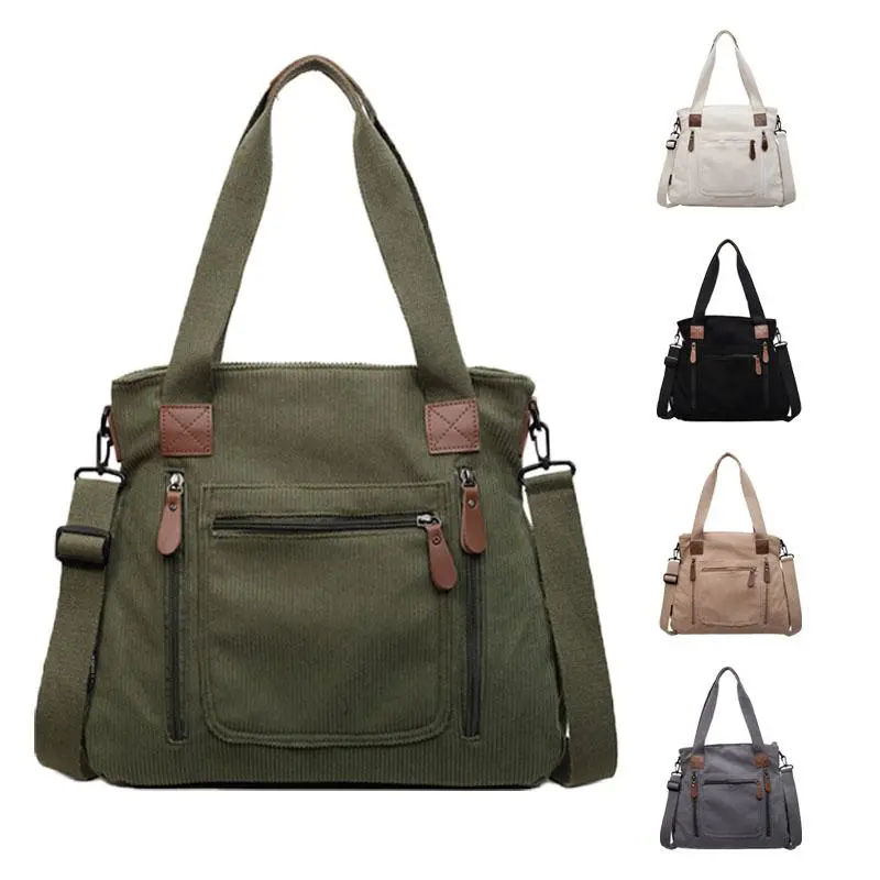 Women's canvas tote bag, commuter shoulder/crossbody bag, vintage multi-pocket handbag, large-capacity corduroy bag