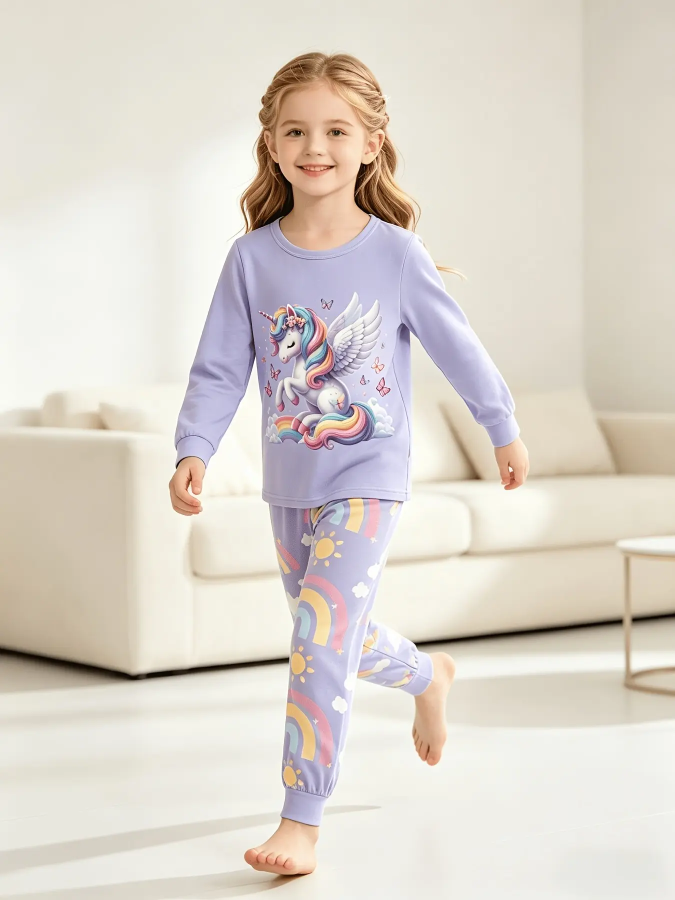 Children Rainbow Unicorn Pajama Set, Girl's Long Sleeve Sleepwear, Cute Loose-Fitting Graphic Suit for Spring & Fall