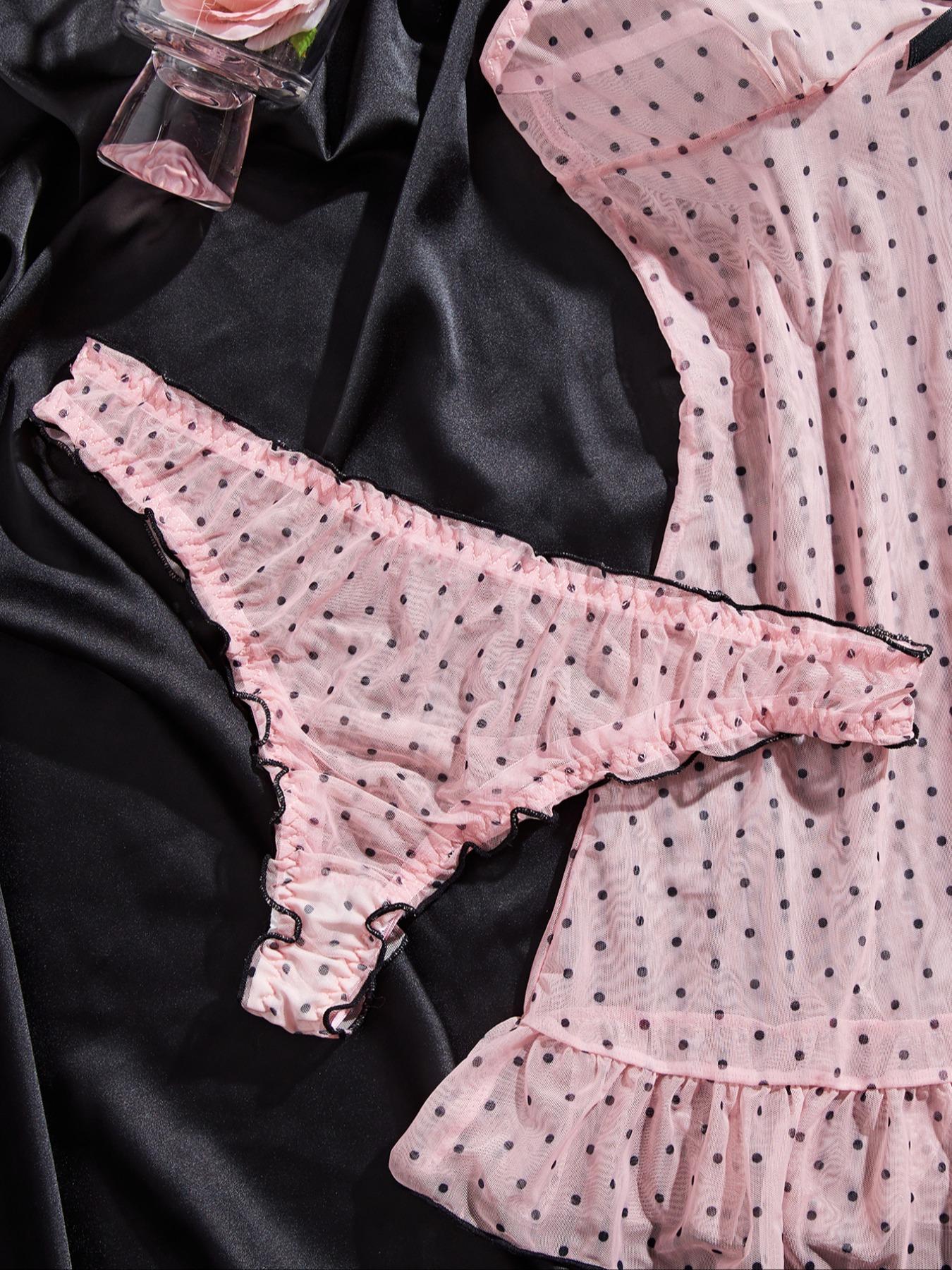 Women's Elegant Polka Dot Sleepwear Set, Lightweight Knit Fabric, Soft Touch, Half-Transparent Effect, Classic Bow, All Seasons