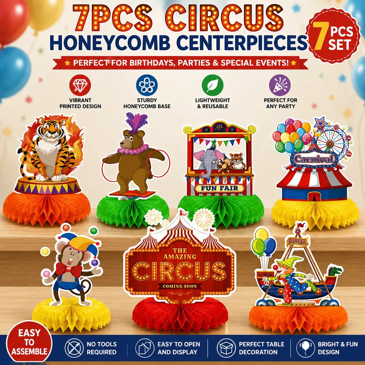 7pcs Circus Honeycomb Centerpieces, Carnival 3D Table Decorations, Birthday Party, Baby Shower, Reusable Paper Centerpieces