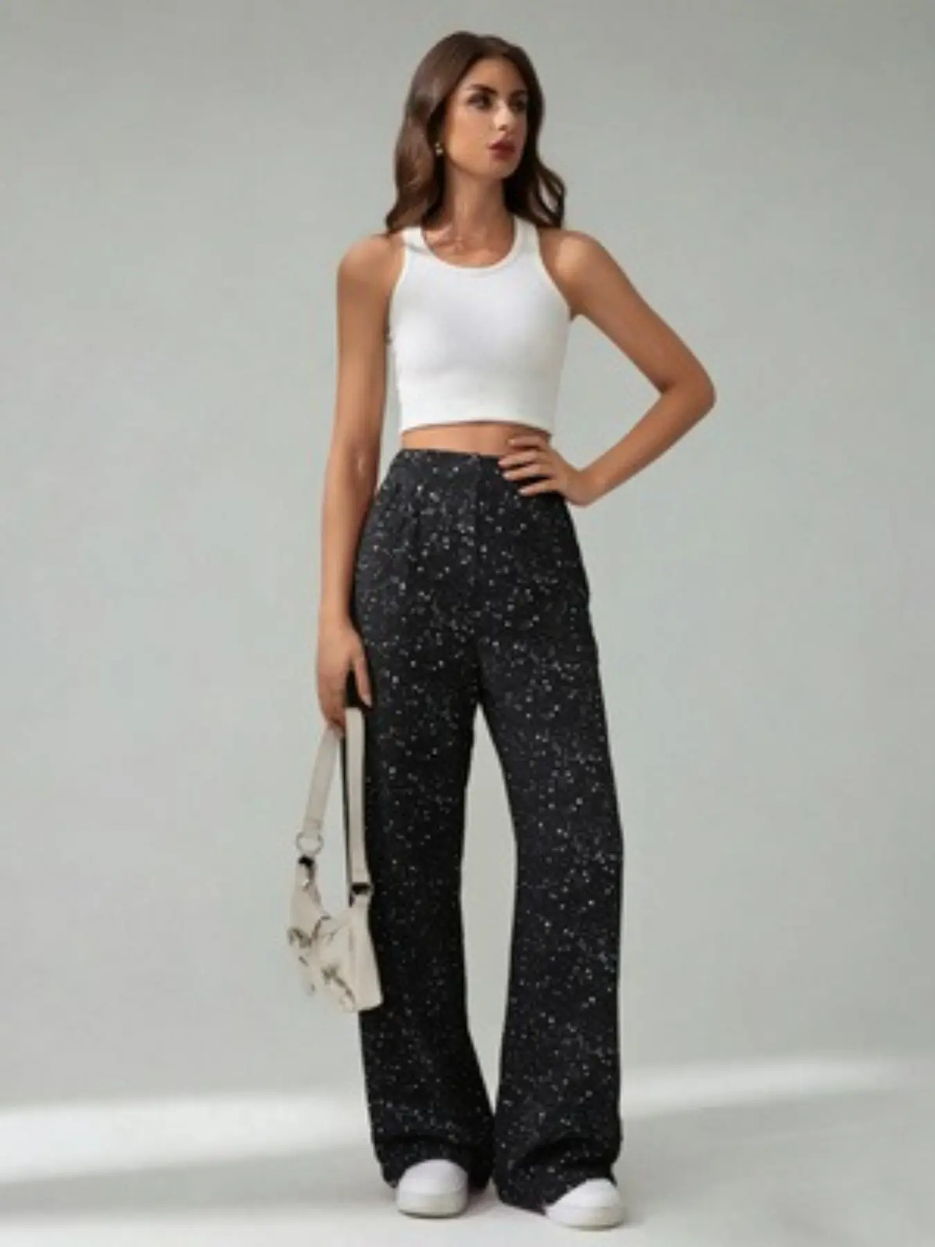 Women's Silver Color Glitter Speckle High-Waist Loose Fit Wide-Leg Trousers, High Waisted Pants, Casual Style, Soft Fabric, Ideal for Nightclubs & Summers