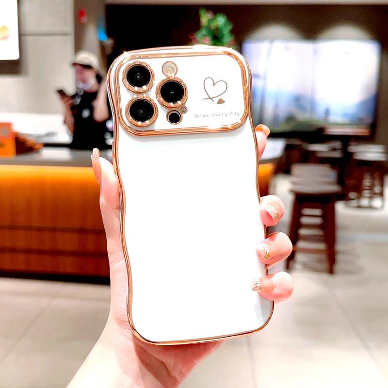 OREKROY [FreeShip] Cute Wave Shape with Love Heart Raised Camera Protection Phone case For iPhone 16 15 14 13 1211 Pro Max Accessories Durable Silicone Shiny Silicone Shiny Wavy