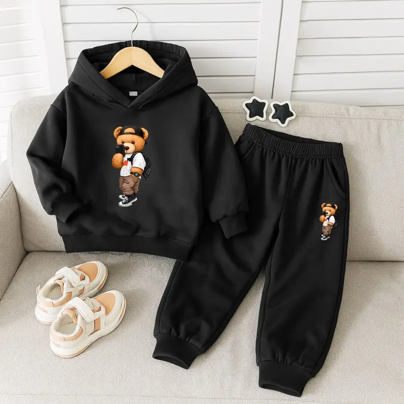 Unisex Cool Bear Print Hoodie Tracksuit Set, Fleece Lined Sweatshirt & Joggers, Fall & Winter Casual Outfit for Indoor & Outdoor Wear