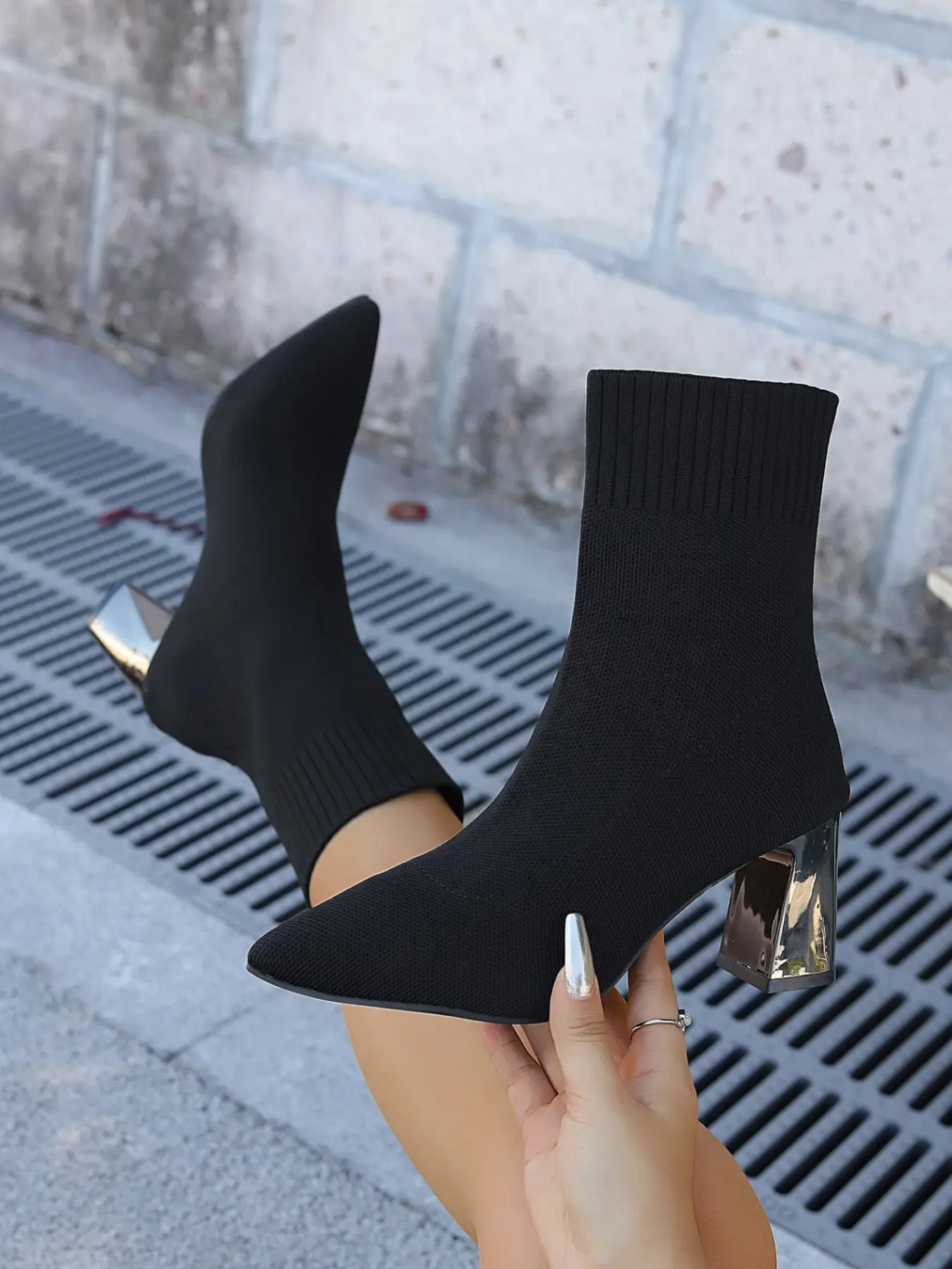 Women's Pointed Toe Chunky Heel Mid-Calf Boots, Elastic Knit Material Slip-On Design, Elegant Sexy Shoes for Fall Winter