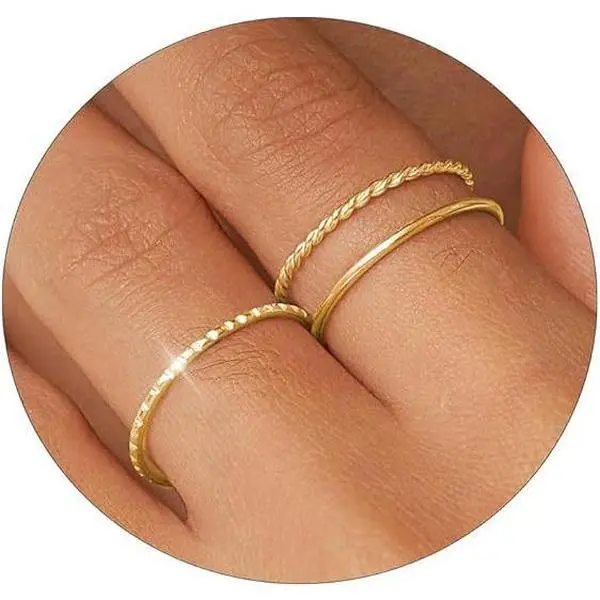 3Pcs Minimalist 14K Gold Plated Stackable Rings Set, Stainless Steel Plain Thin Knuckle Thumb Statement Midi Band Rings Trendy Twist Ring - Silver/Gold - Daily Vacations, Party Wear, Jewelry, Holiday Gift