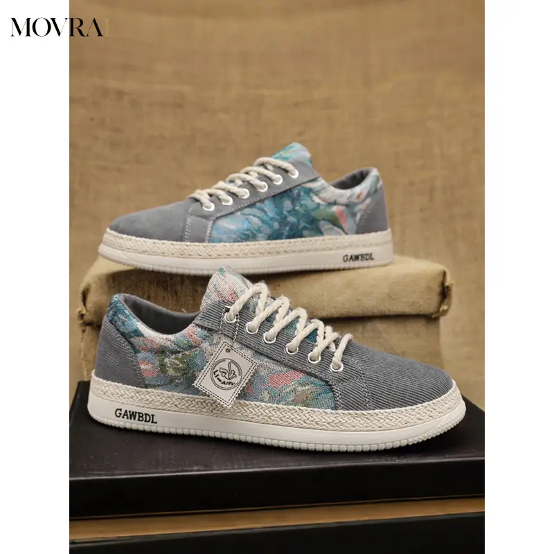 MOVRA1 Men's Vintage Painting Colorblock Canvas Walking Shoes, Lightweight Breathable Design Casual Athletic Sneakers, Casual Walking Trainers, Hemp Rope Laces, National Trend Shoes