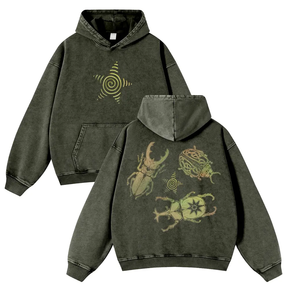 Men's Vintage Washed Hoodie, Oversized Fit Psychedelic Beetle Graphic Pullover, Thick Cotton Blend Sweatshirt Top, Jeans, Tops
