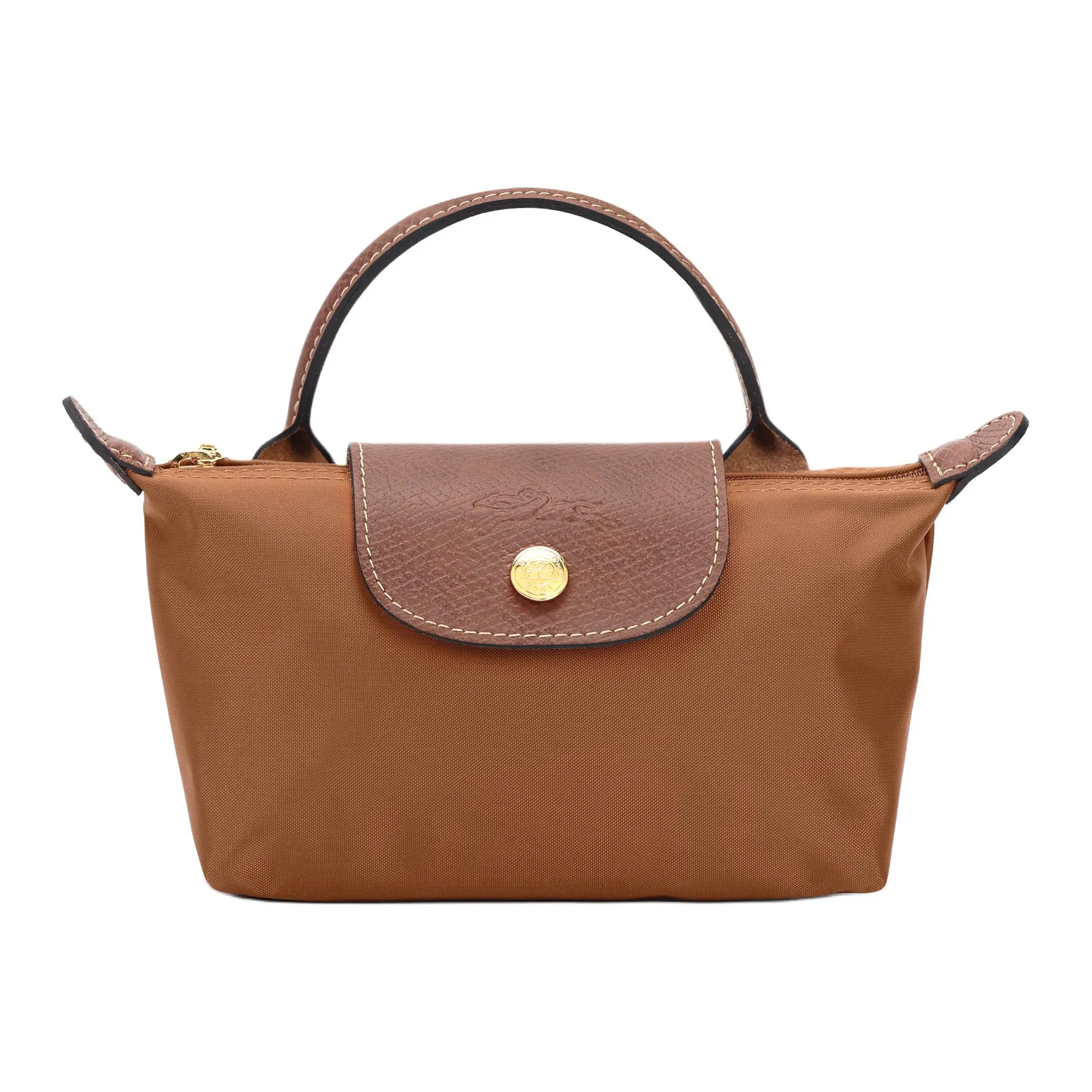 Longchamp Le Pliage 17 Short-Handle Zip Top Clutch Bag for Women, Canvas and Leather, Brandy Color
