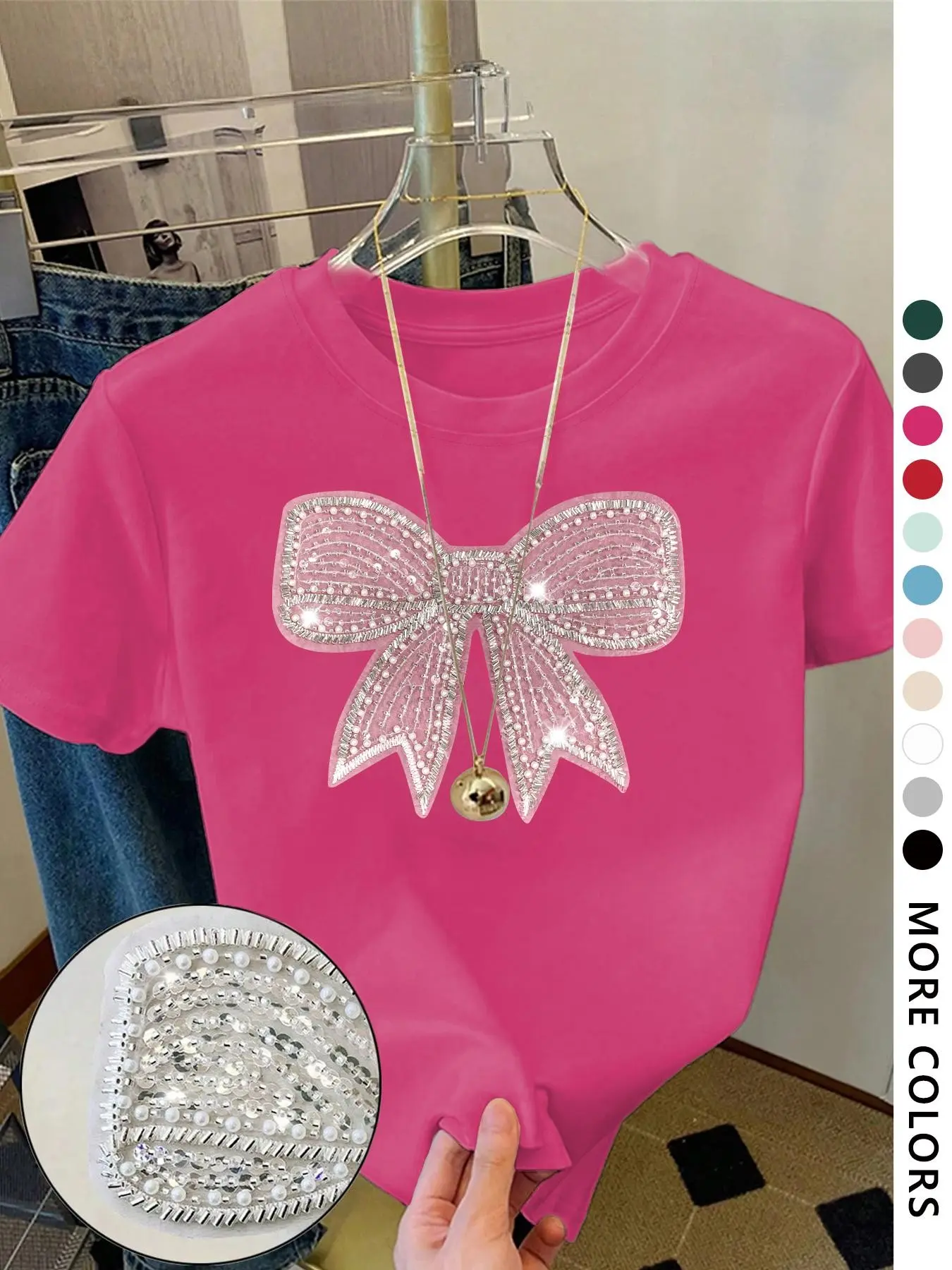 Women's Short Sleeve T-Shirt, Bow Rhinestone Embroidery, Fresh Youth Campus Fashion, Casual Retro Summer