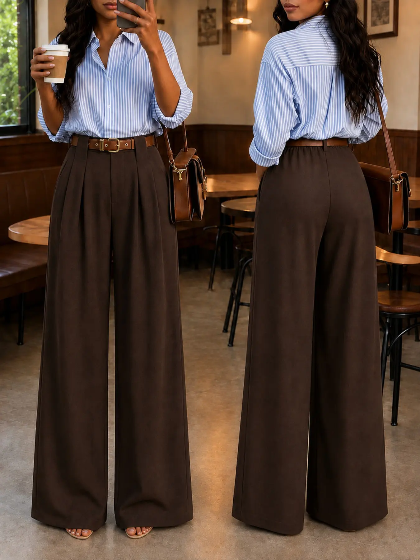 Women's Plus Size High-Waisted Wide-Leg Trousers, Belted Pleated Front Pants, Bottoms, Elegant Business Casual Office Wear for All-Season, Matching