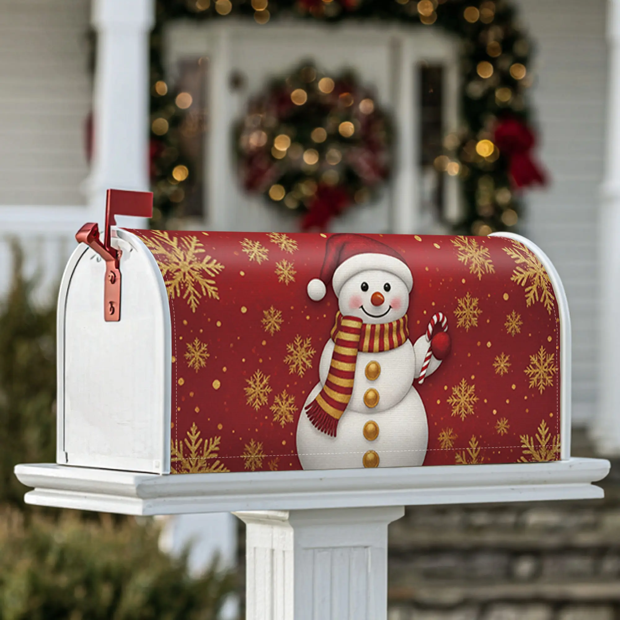 snowman Magnetic Mailbox Covers, Winter festive snowflakes candy cane Christmas red Mailbox Decorations for Front Porch Decor