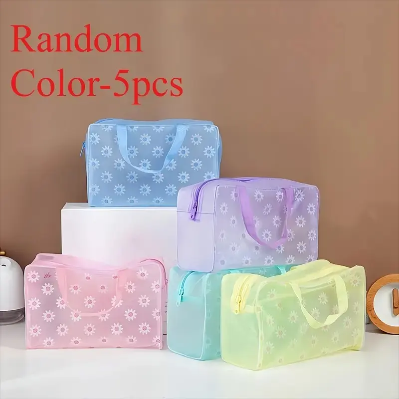 5 Transparent Random Color PVC Travel Storage Bag Set, Large Capacity Washable Zipper Cosmetic Bag, Travel Makeup Bags Organizers, Portable Lightweight Toiletry Organizer, Travel Essentials